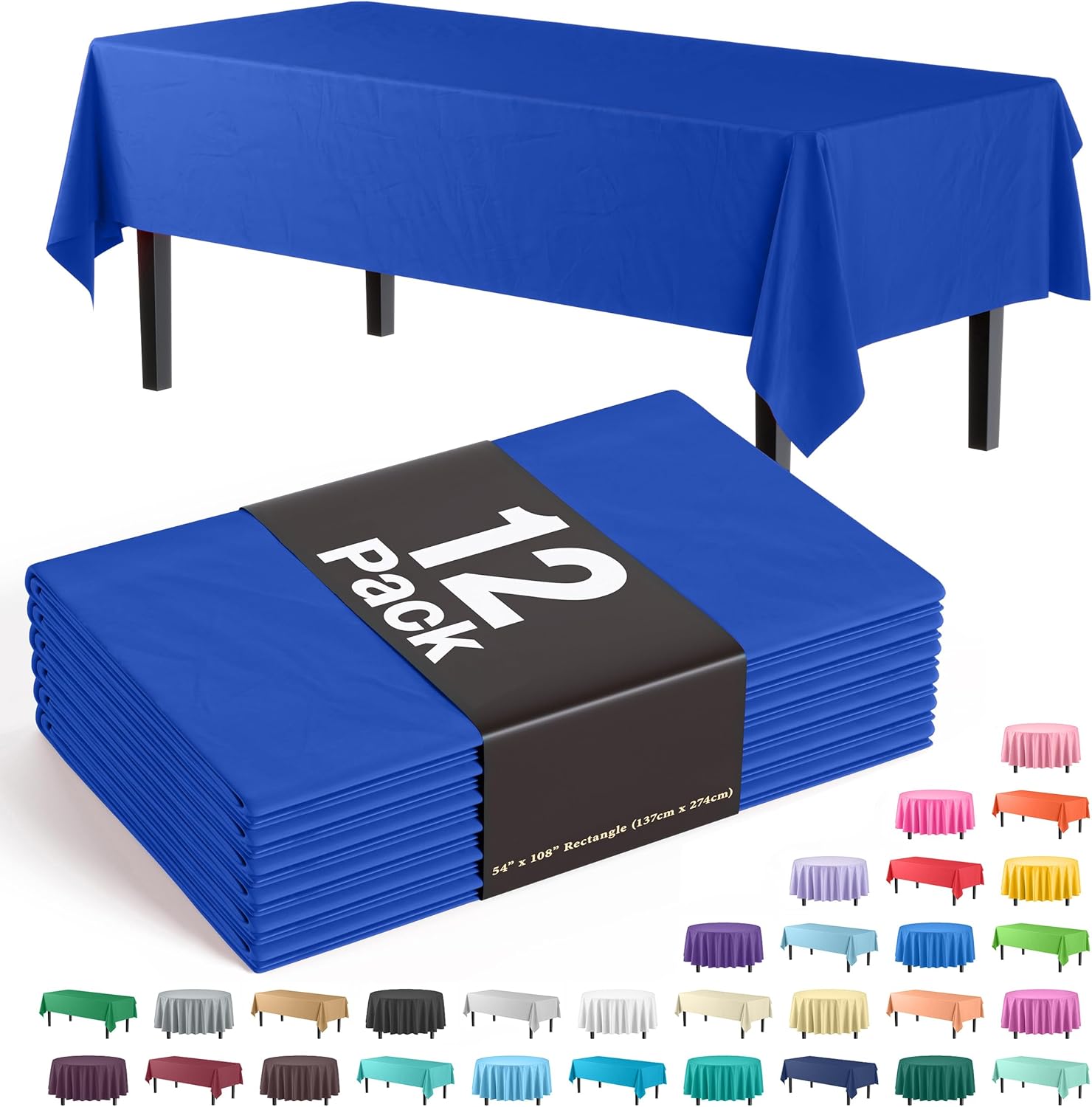 12-Pack Premium Plastic Tablecloth 54x108 Dark Blue Rectangle