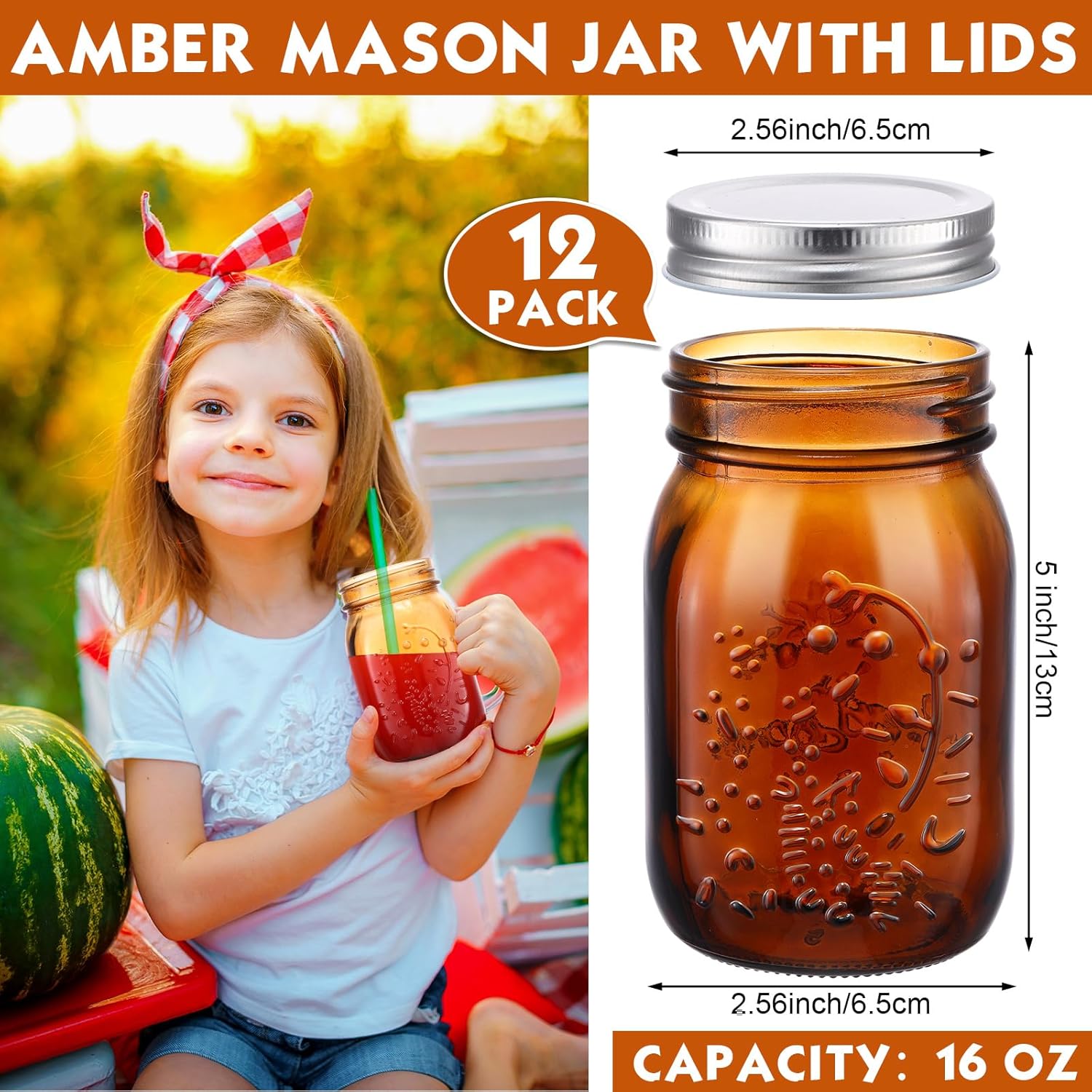 Yaomiao 12 Pack Amber Glass Jars 16 oz with Airtight Lids