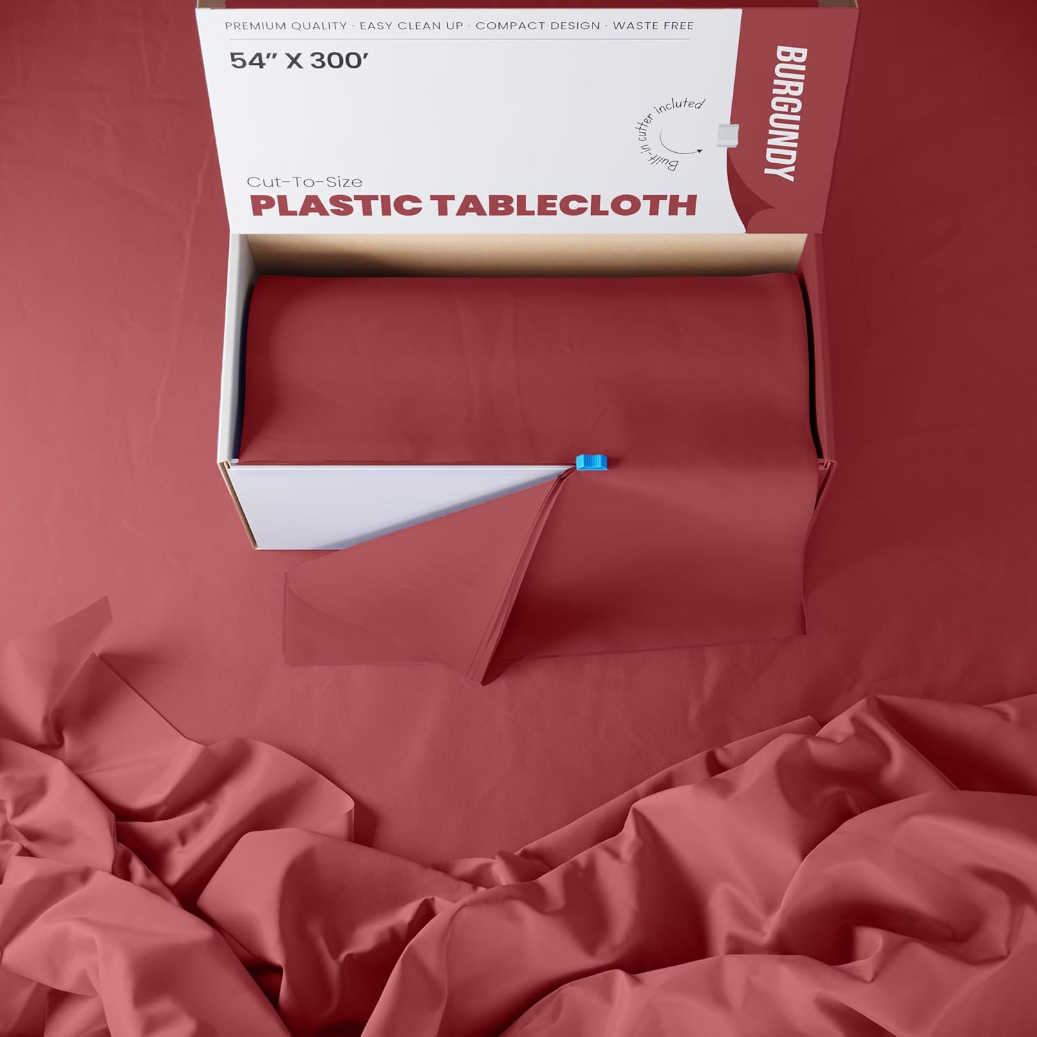 Exquisite Burgundy Plastic Tablecloth Roll 54x300 Cut To Size Box With Slide Cutter