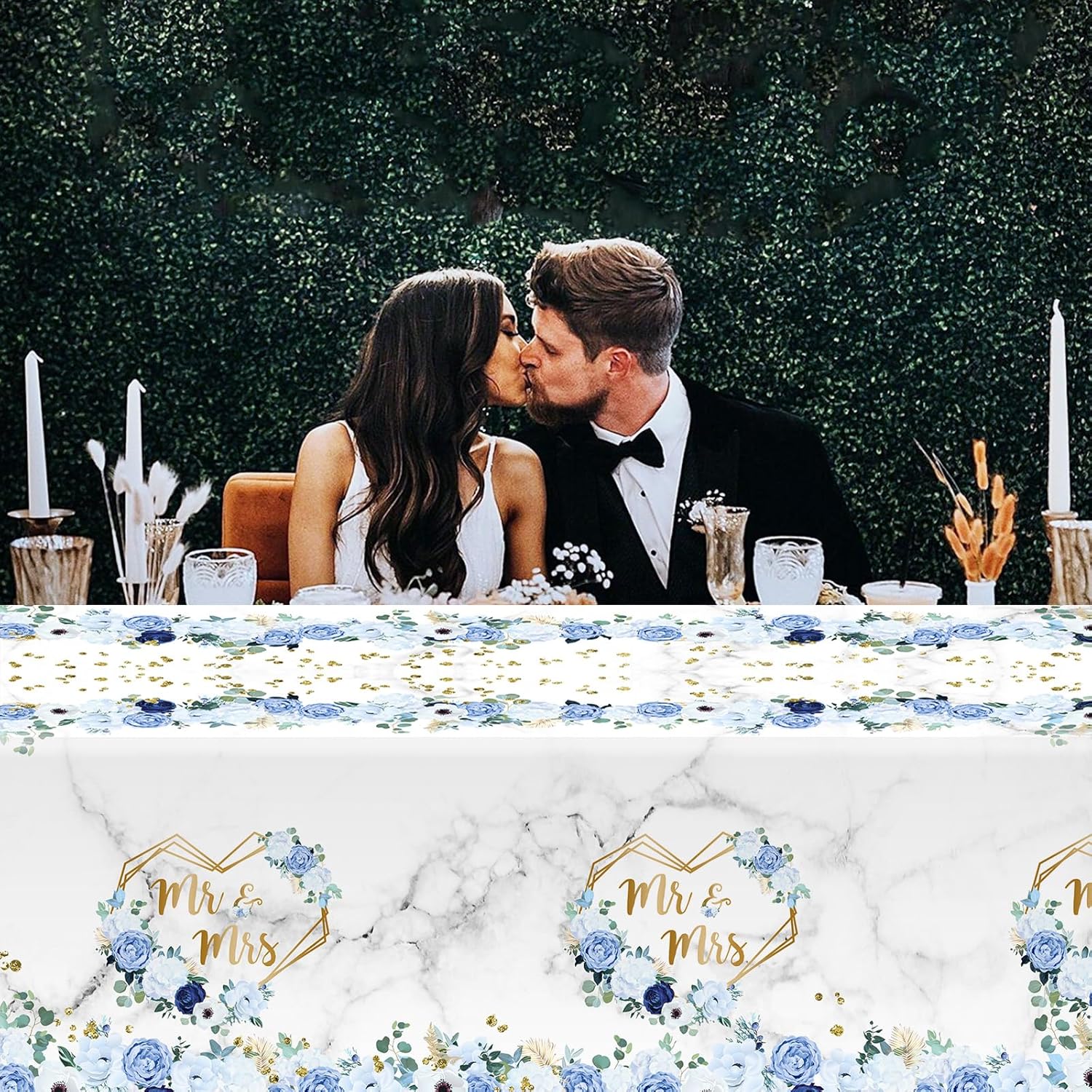 MEHOFOND 3pcs Blue Mr Mrs Tablecloths Floral Wedding Party Decor 108 x 54 Inch