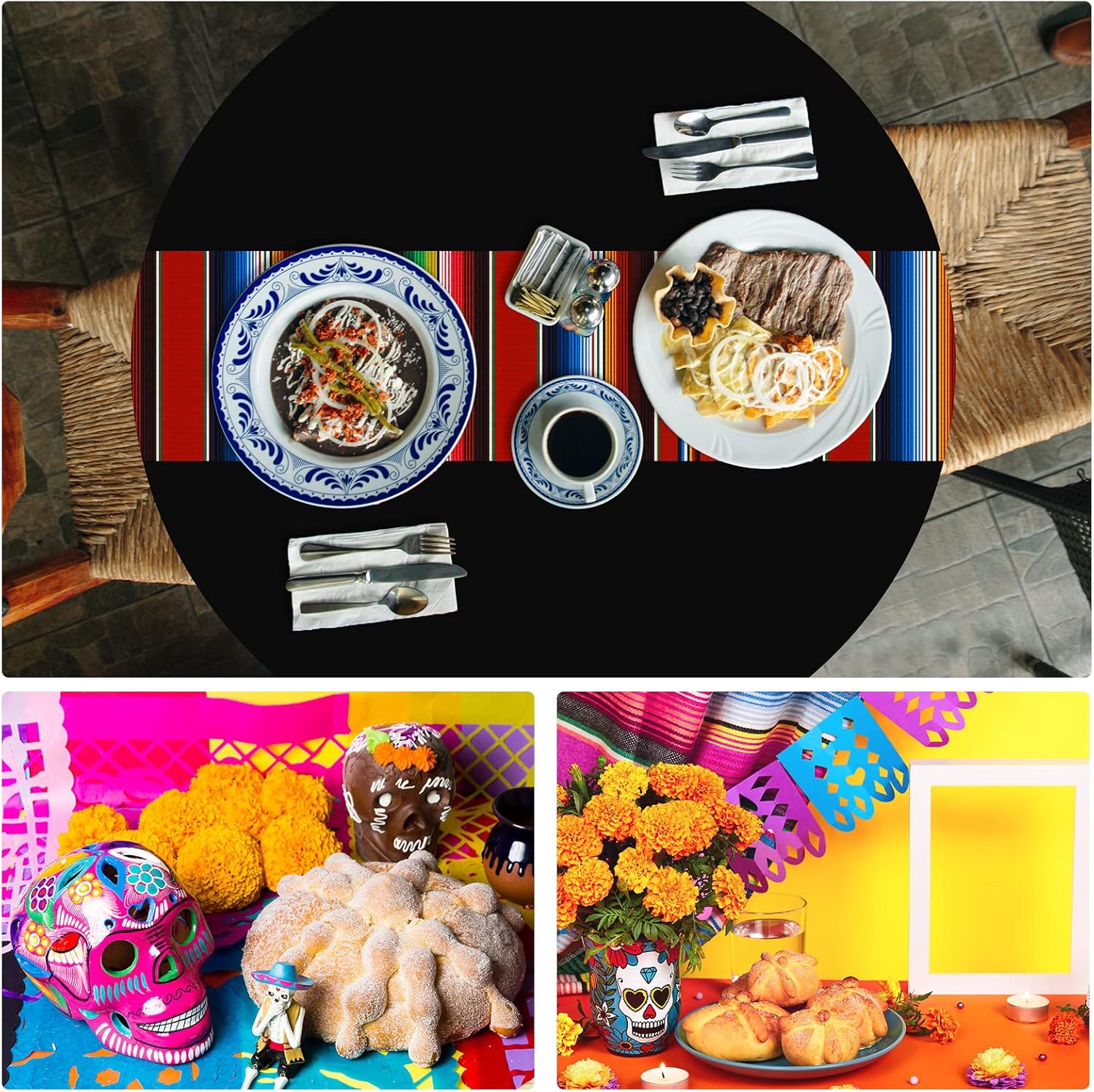 Oudain 6 Pcs Mexican Fiesta Tablecloth 84 Inch Striped Plastic Round Tablecover for Wedding and Party Decorations Black