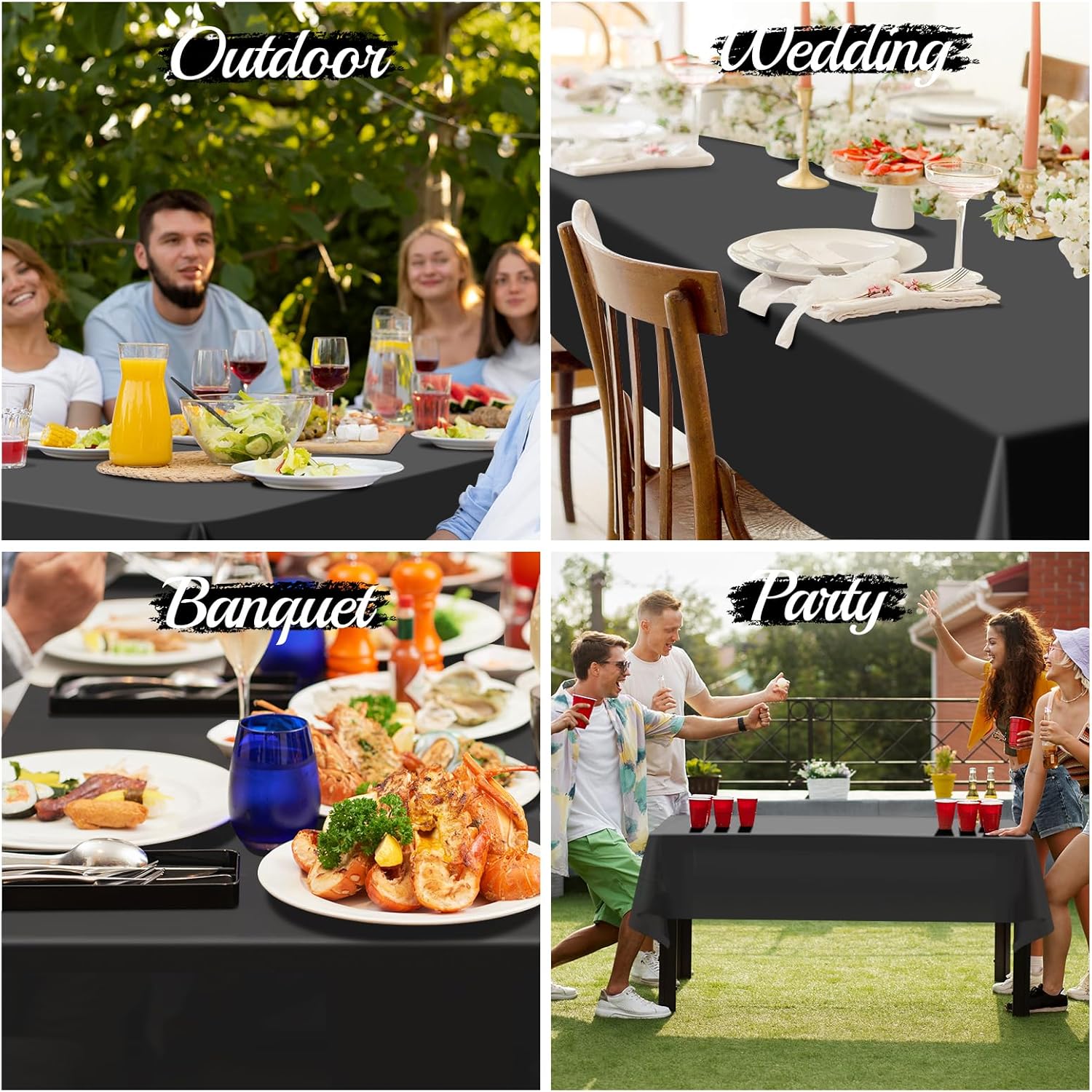 10 Pack Black Plastic Tablecloths for Rectangle Tables 54x108 Inch