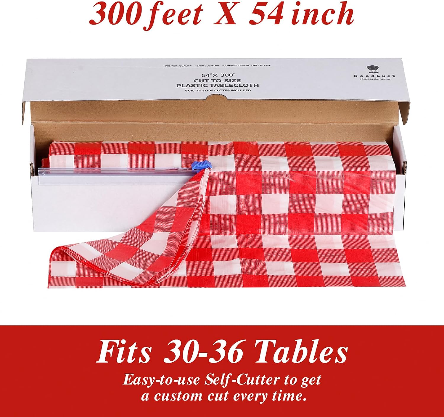 Goodluck 54 Inch x 300 Feet Red Checkered Table Cloth with Cutter Box