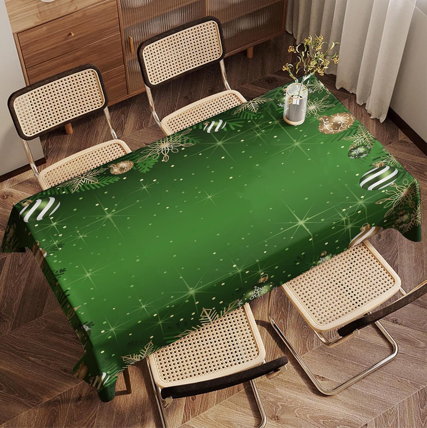 Christmas Ball Rectangular Tablecloth with Green Baubles Snowflake Pattern