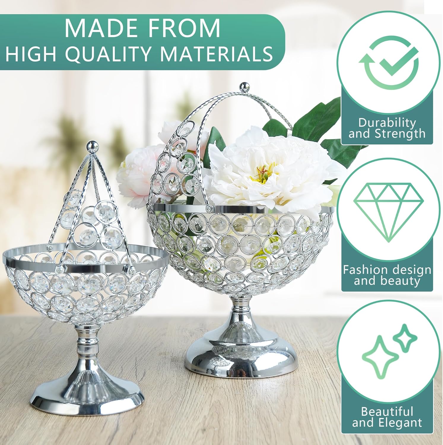 Crystal Candy Bowl Holder Decorative Fruit Bowl Stand Flower Basket Ornament Table Centerpiece Silver