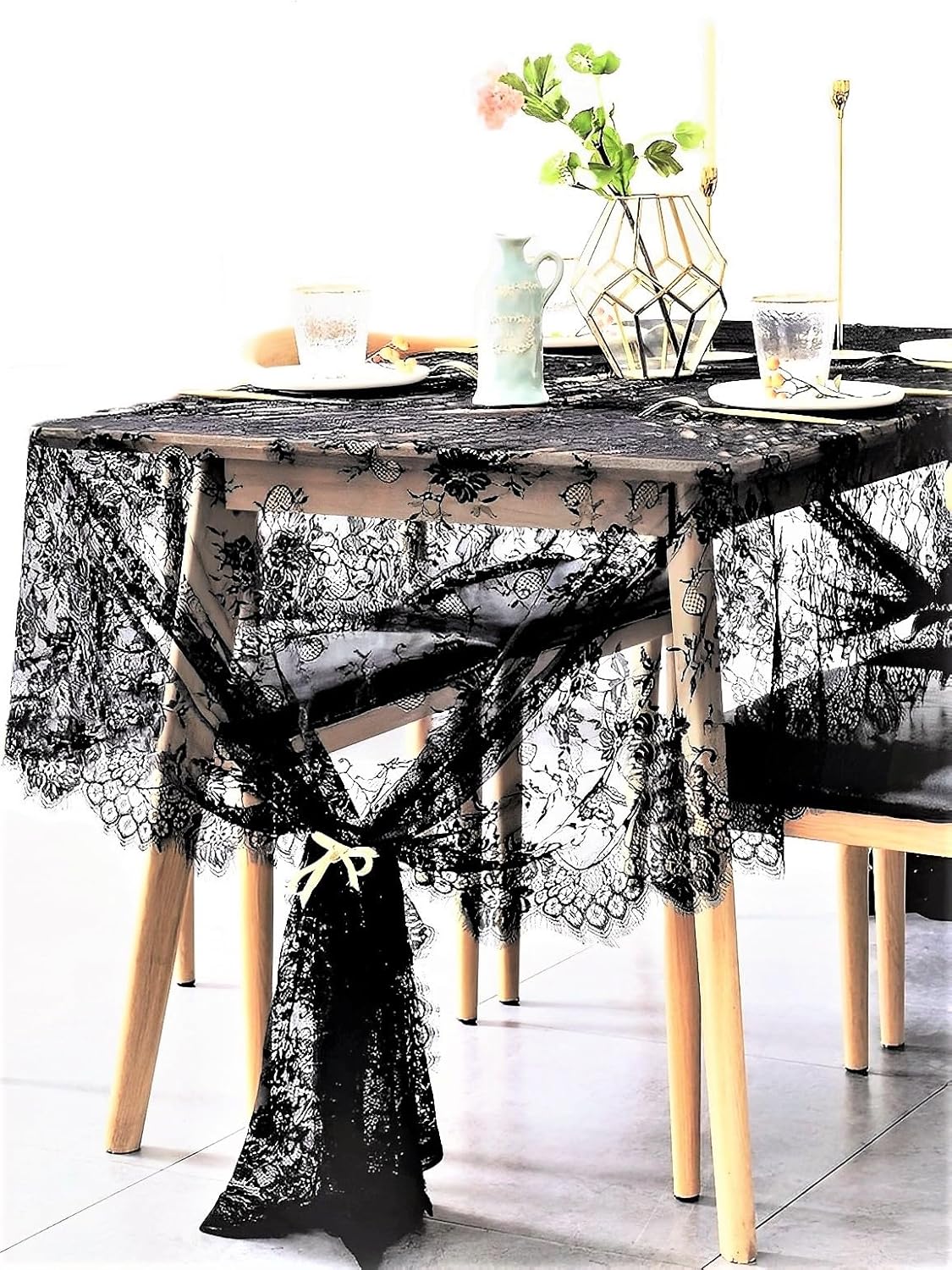BOXAN Vintage Rose Embroidered Black Lace Tablecloth Overlay - 120 x 60 Rectangular