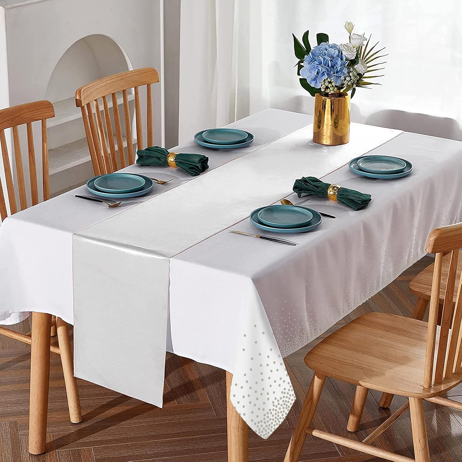 8Pack White and Silver Dot Tablecloths and Satin Table Runner Set for Occasions