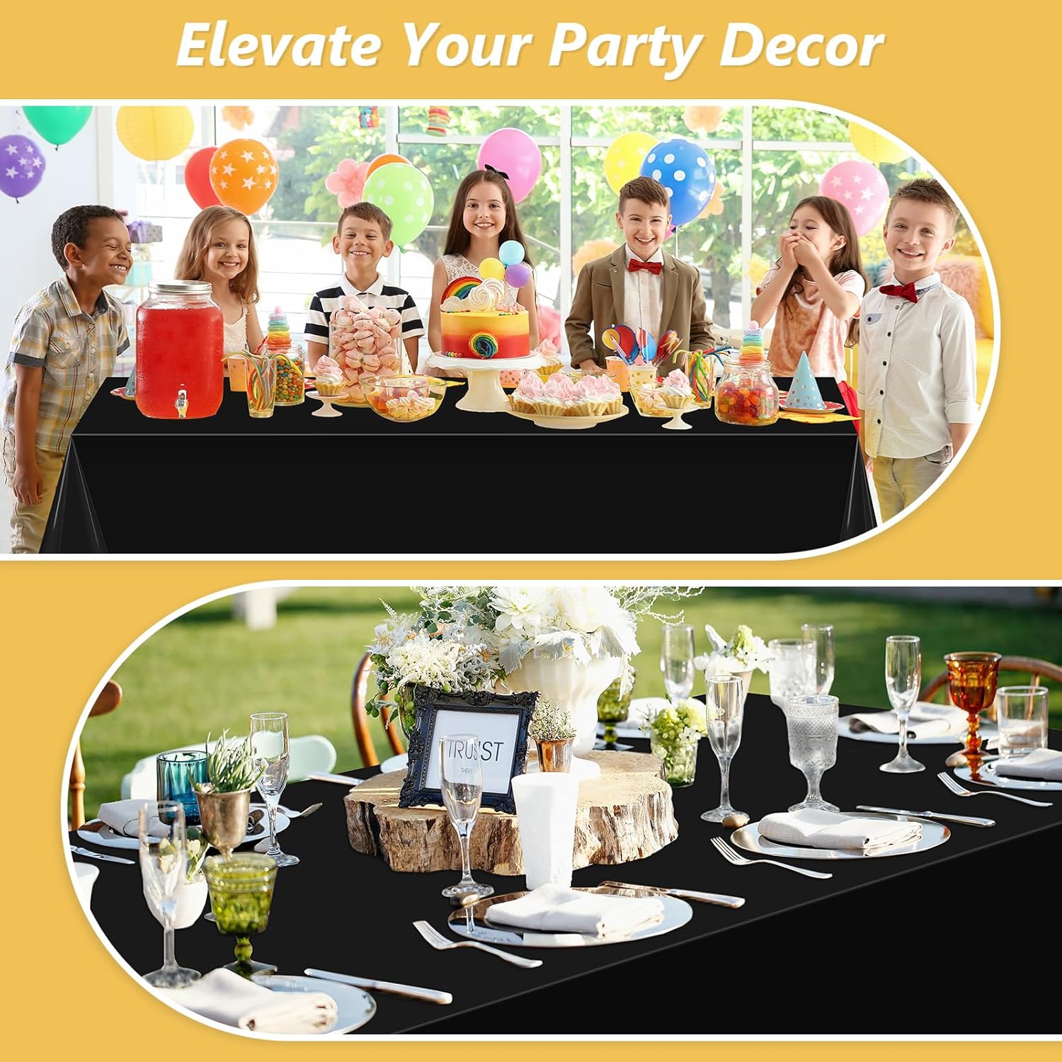 3 Pack Black Plastic Tablecloth for Rectangle Tables