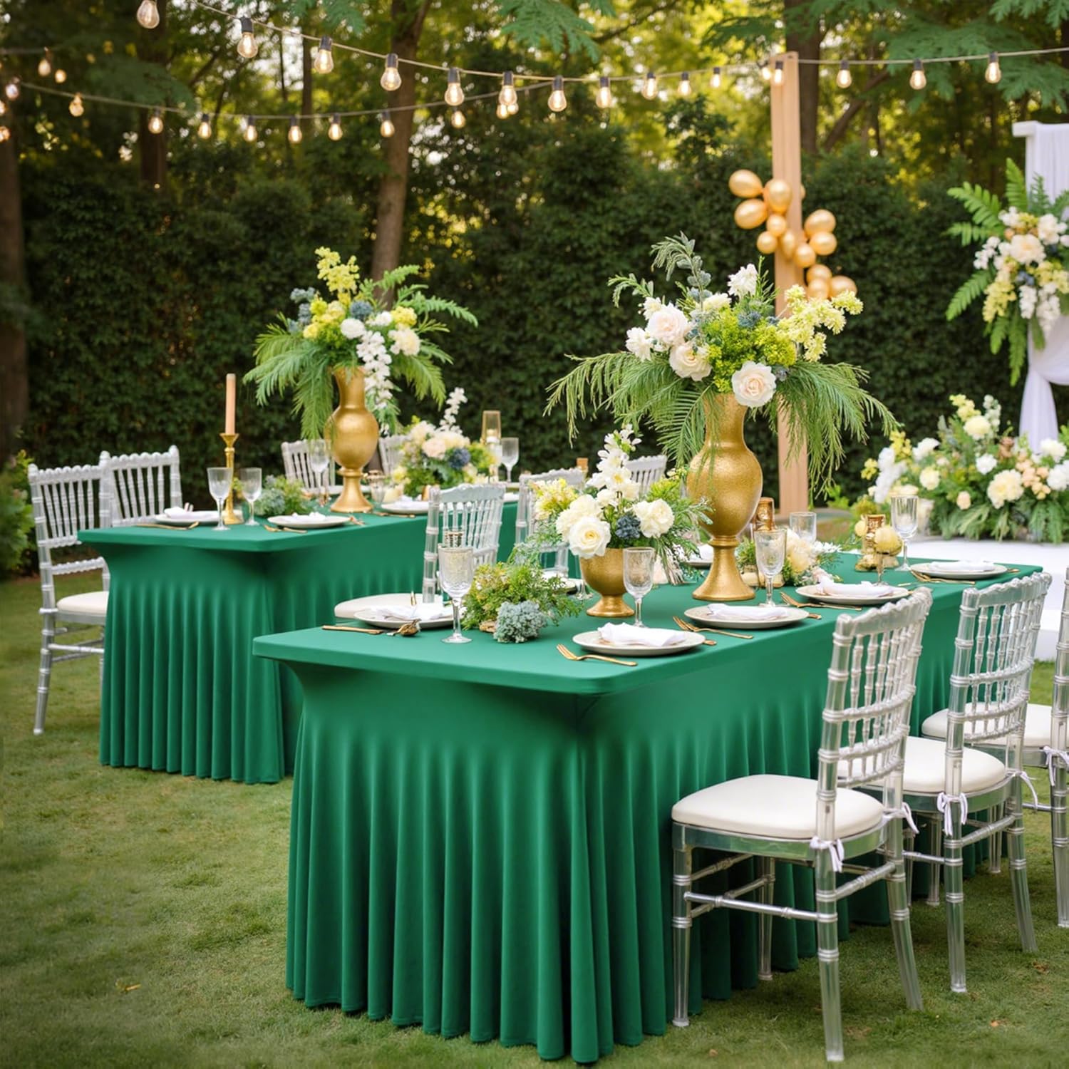 4 Pack Emerald Green Spandex Tablecloths for 6 Foot Tables