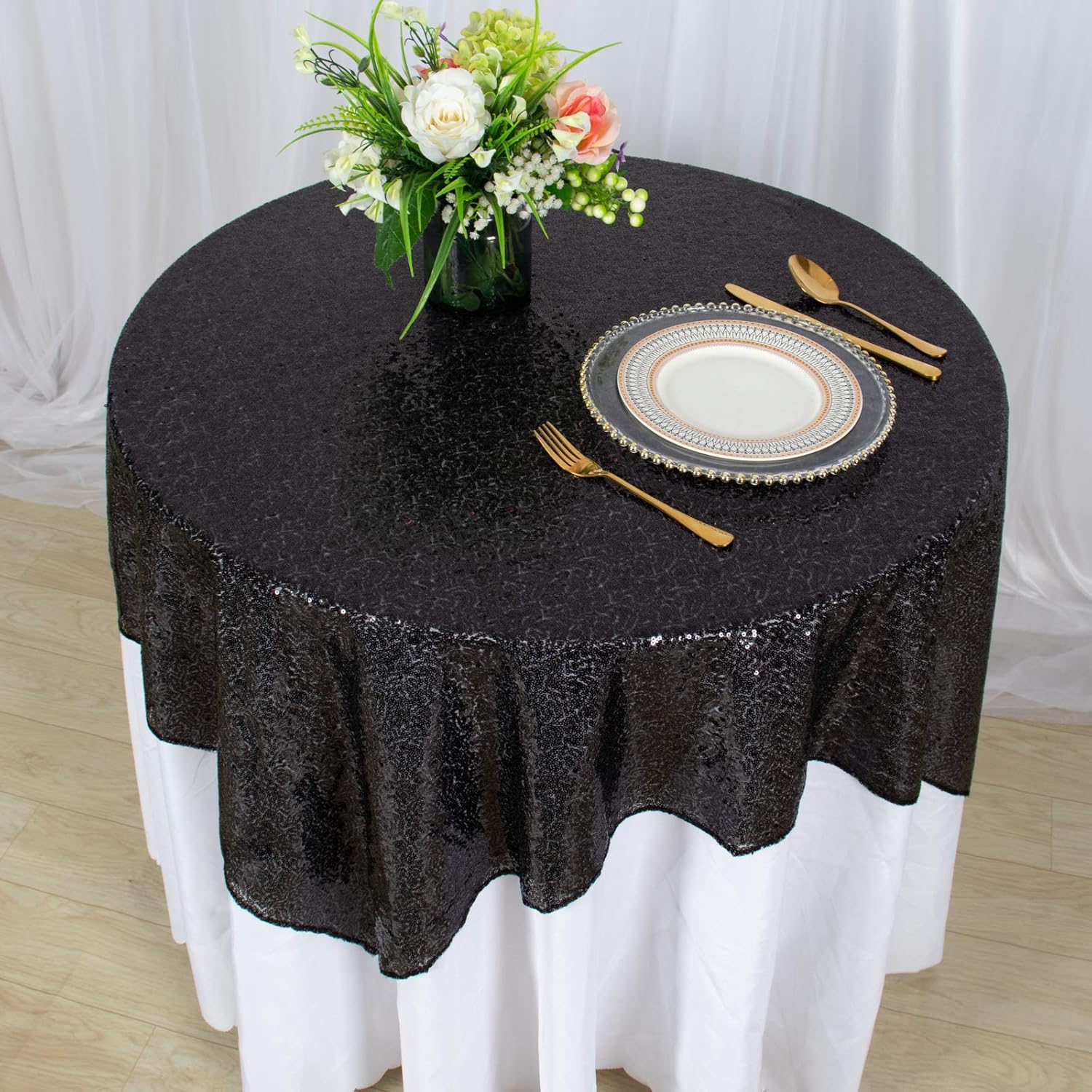 AMZLOKAE Sequin Square Tablecloth 50x50 Black Glitter Overlay for Parties and Events