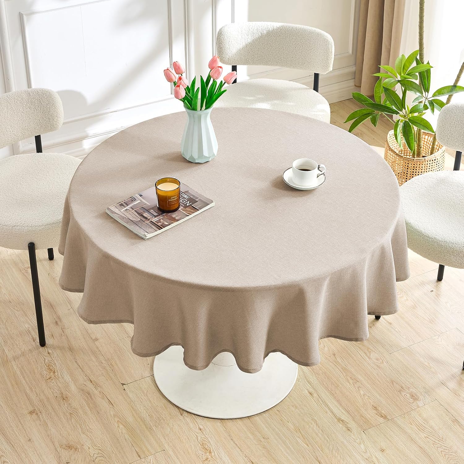 Textured Linen 54 Inch Round Tablecloth Waterproof Spill-Proof