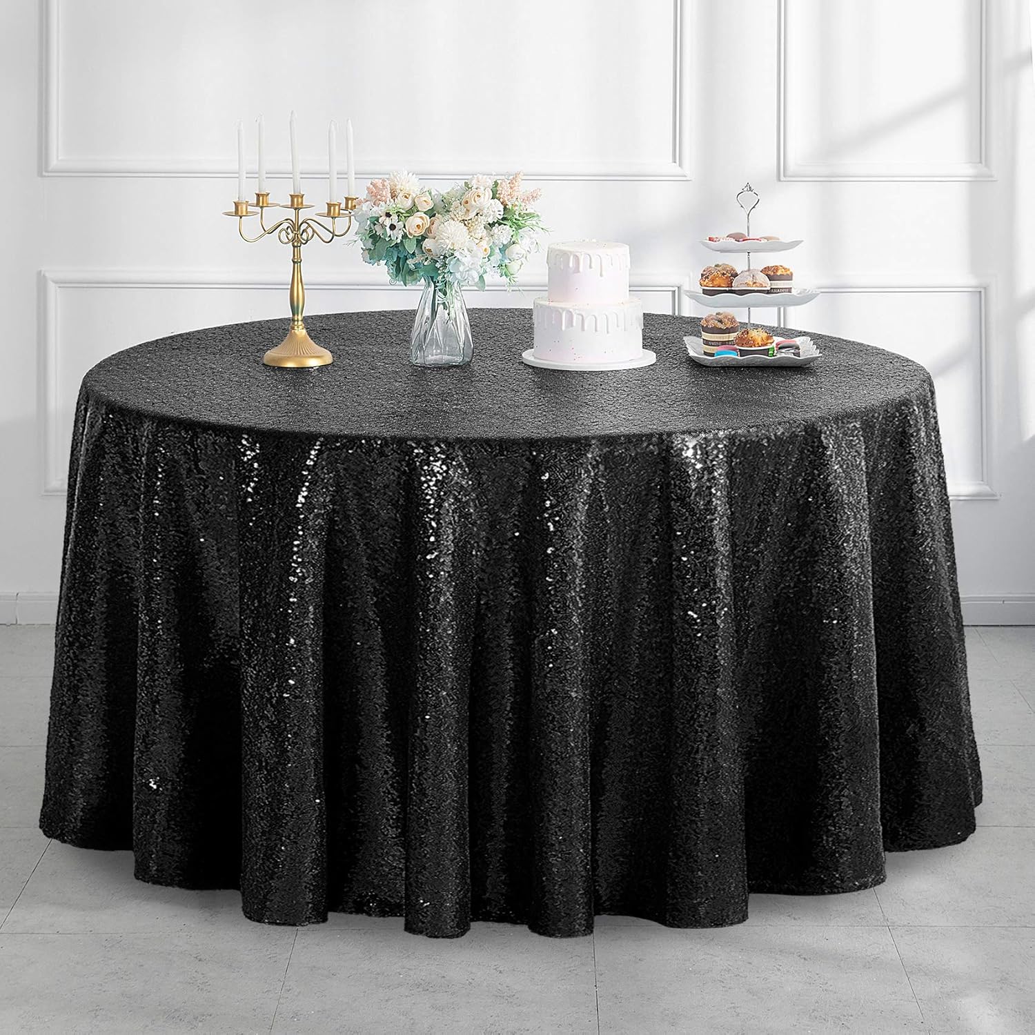 Pufogu 50 Inch Round Black Sequin Tablecloth