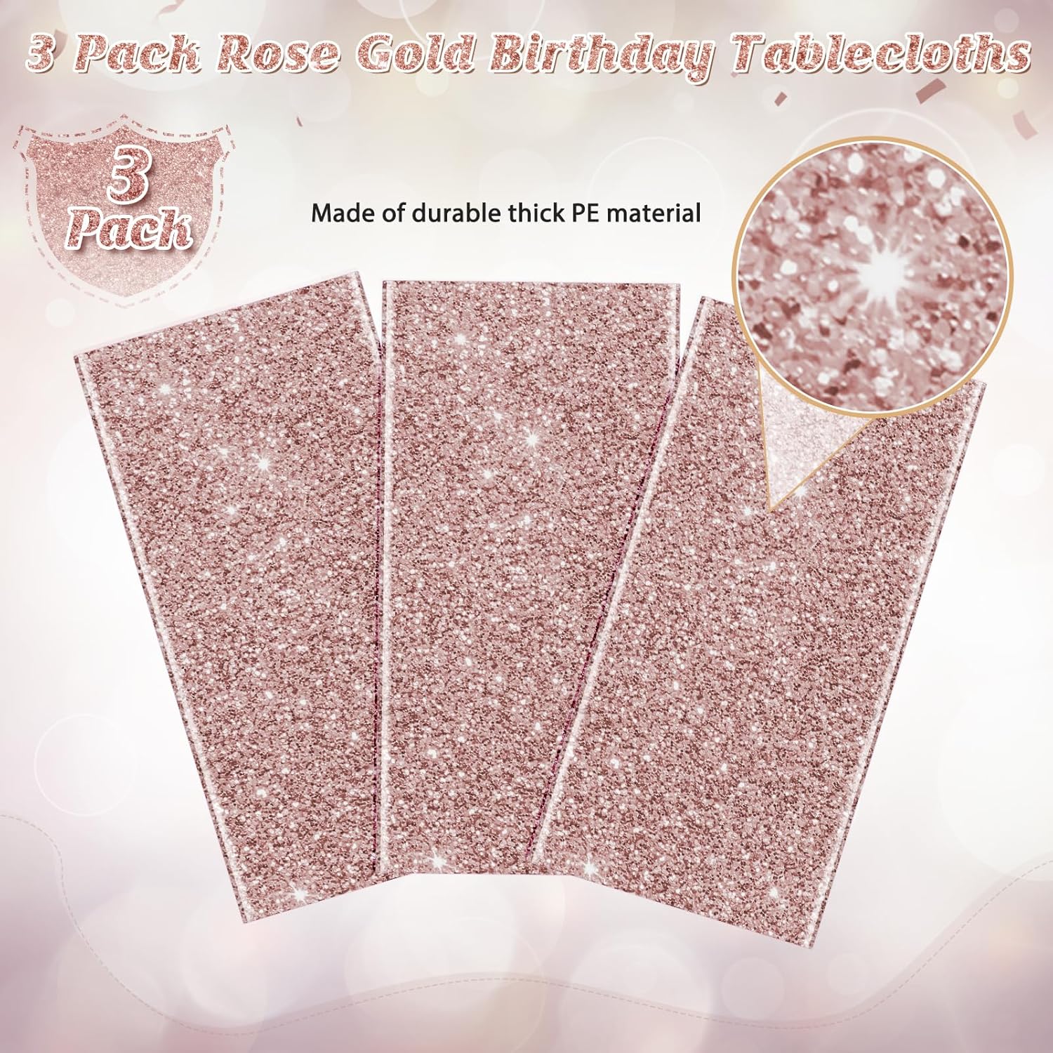 3 Pack Pink Rose Gold Birthday Tablecloths 54x108 Inch