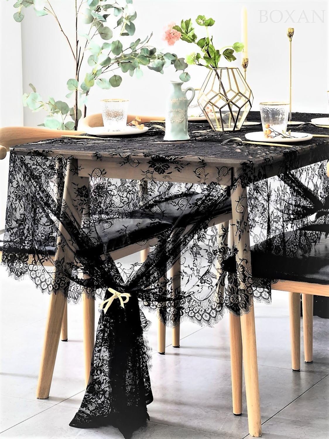 BOXAN Vintage Rose Embroidered Black Lace Tablecloth Overlay - 120 x 60 Rectangular