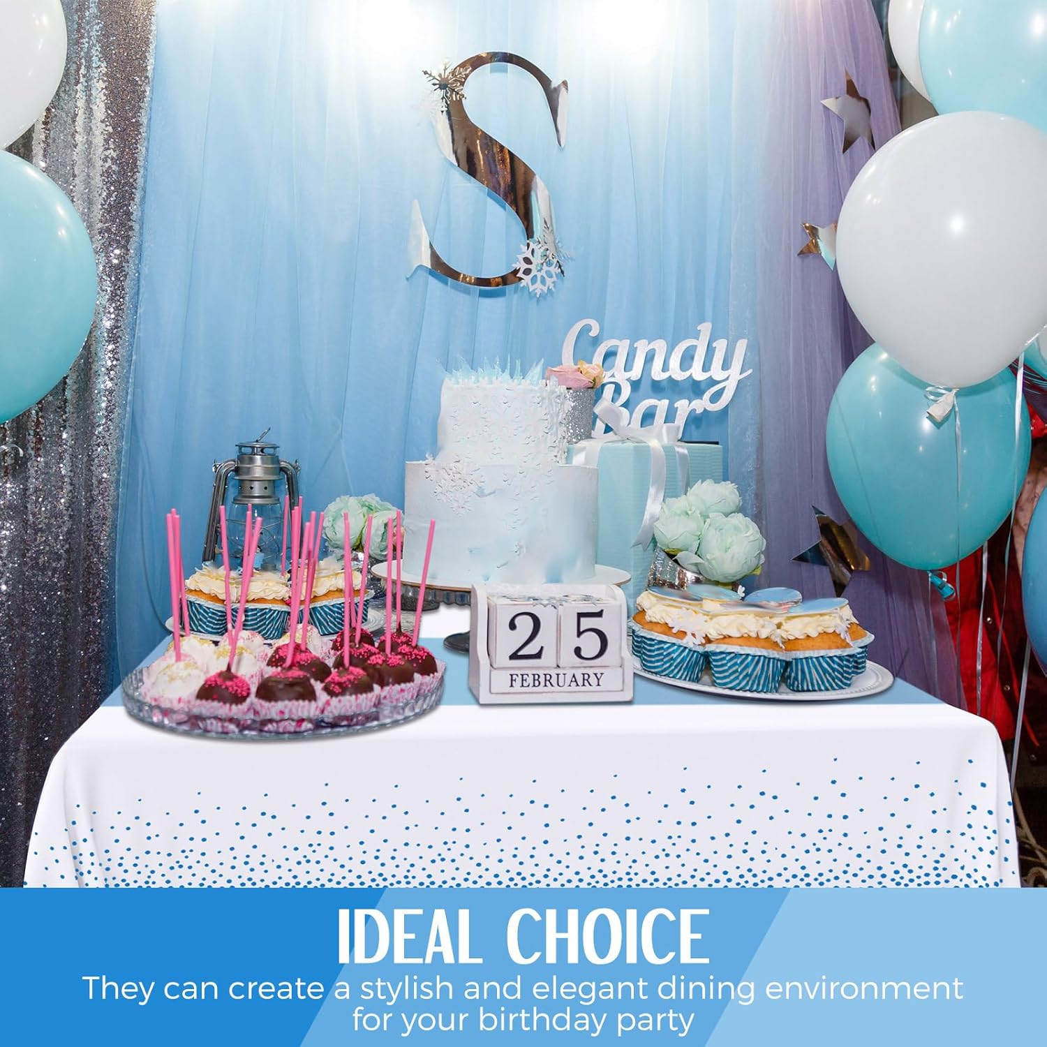 Breling 8 Pack Winter Baby Blue and White Tablecloths and Satin Table Runners Set