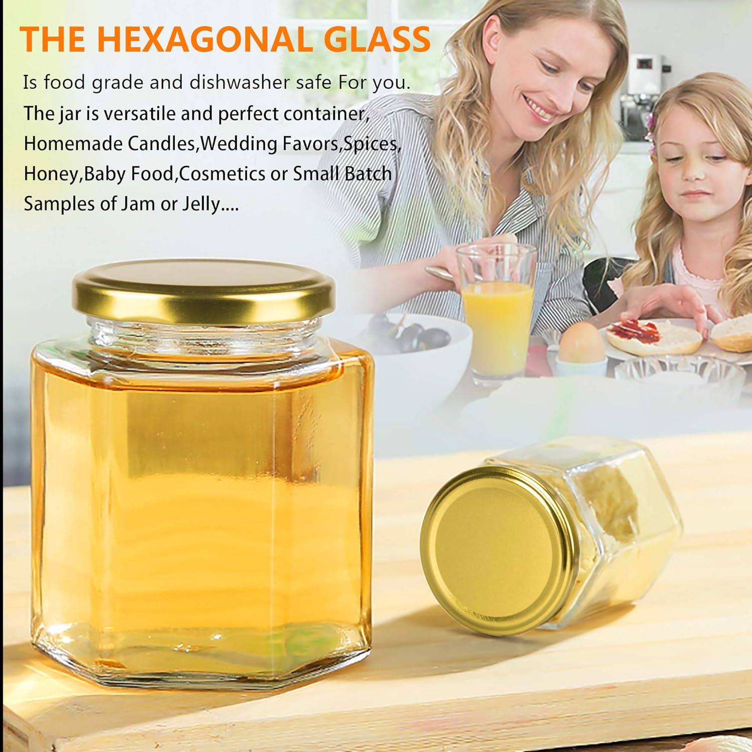 Encheng 16 oz Clear Hexagon Jars with Golden Lids 12 Pack