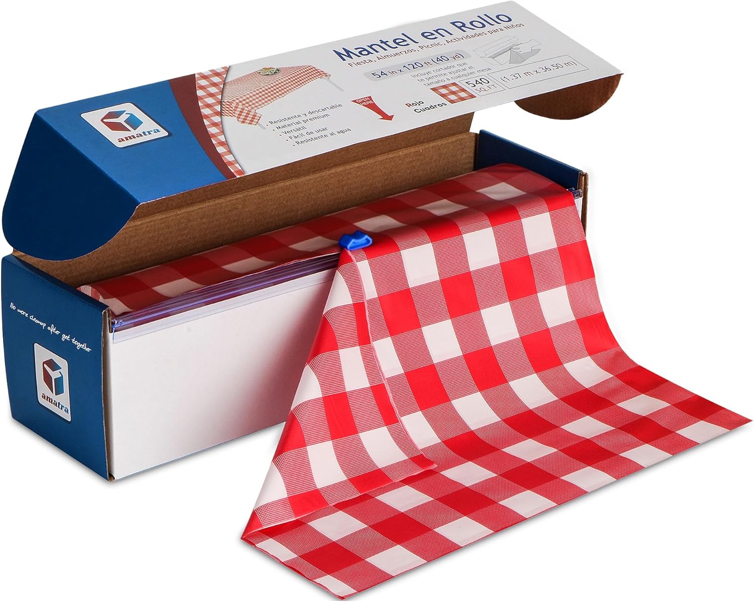 Amatra All-Purpose Plastic Table Cover Roll with Self-Cutter Red Checkered 54inch x 120ft