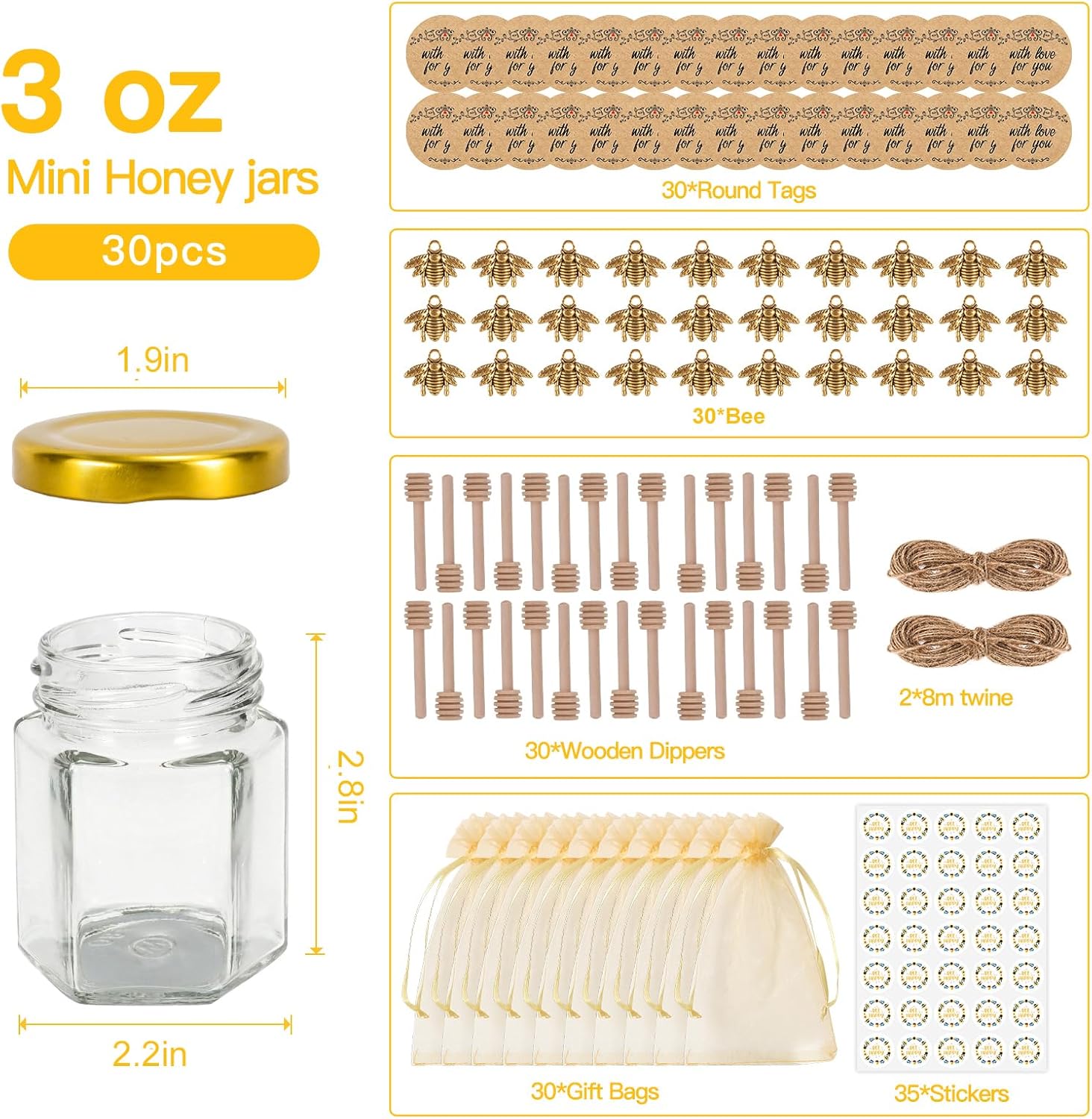 30 Pack 3 oz Mini Honey Jars with Dipper and Labels
