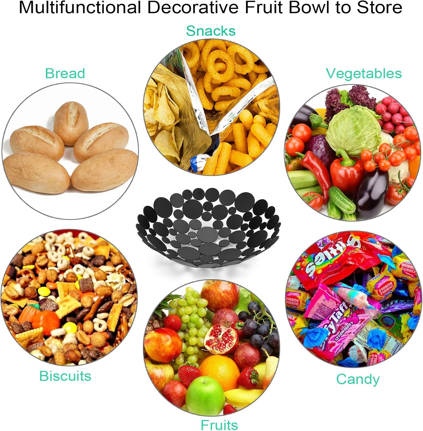 OwnMy Black Round Metal Fruit Bowl Basket