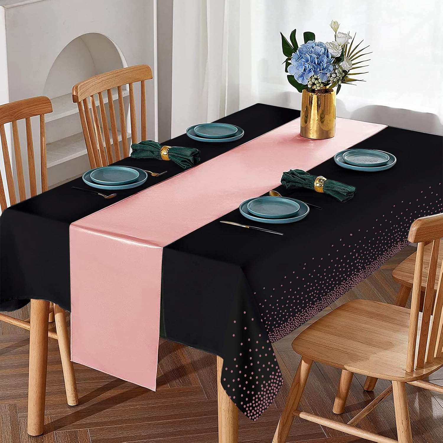 8 Pack Disposable Plastic Tablecloths and Satin Table Runner Set Black Rose Gold Dot Wedding Party Decor