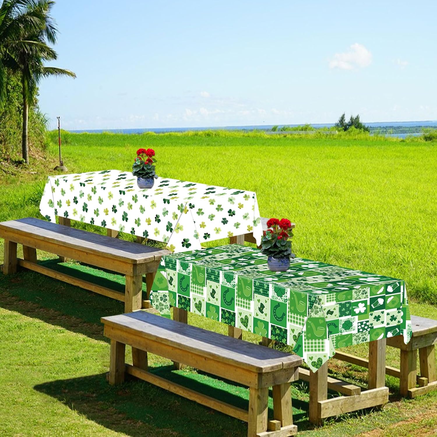 2PCS St Patricks Day Tablecloths Green Shamrock 54x108 Plastic Disposable Party Covers