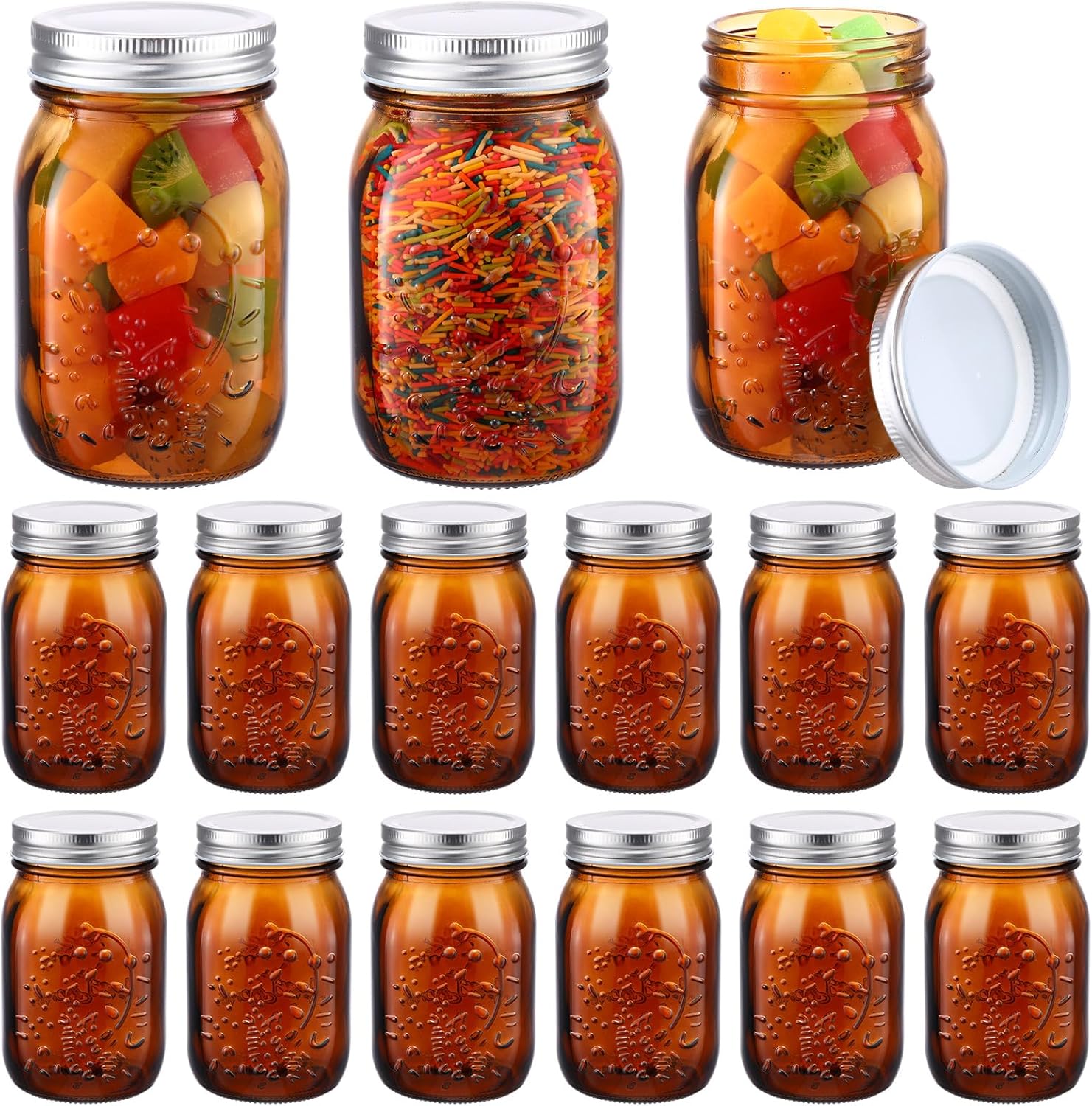 Yaomiao 12 Pack Amber Glass Jars 16 oz with Airtight Lids