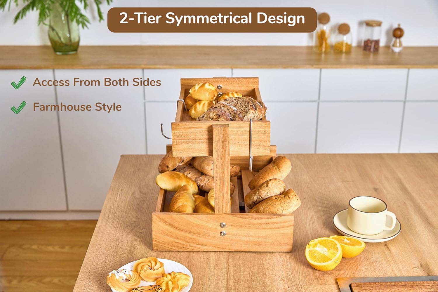 2-Tier Acacia Wood Fruit Basket Large Capacity Bowl Organizer