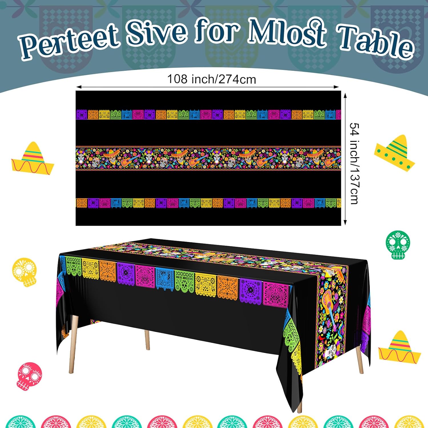 Oudain 6 Pcs Fiesta Tablecloth 108 x 54 Inch Waterproof Plastic Table Cover for Mexican Festive Events