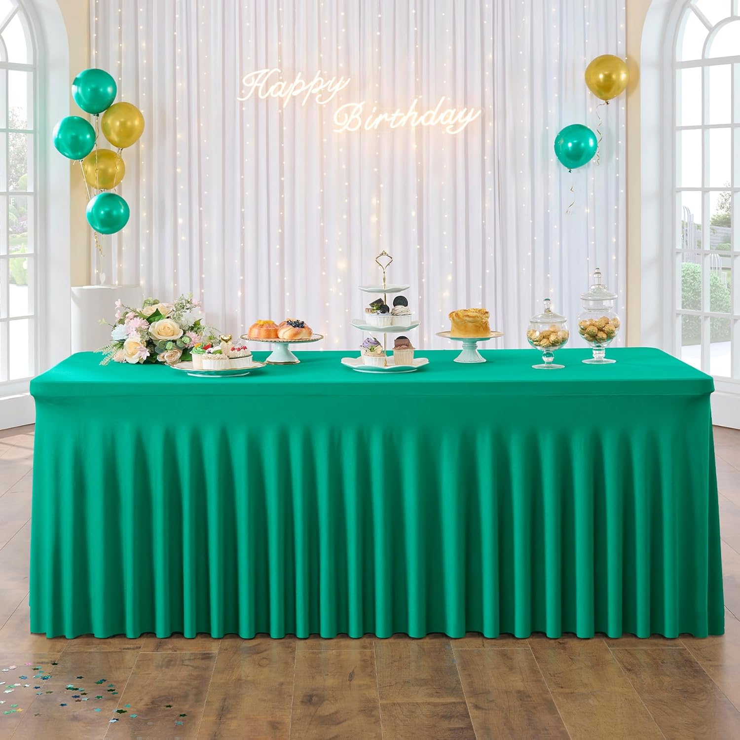 4 Pack Emerald Green Spandex Tablecloths for 6 Foot Tables
