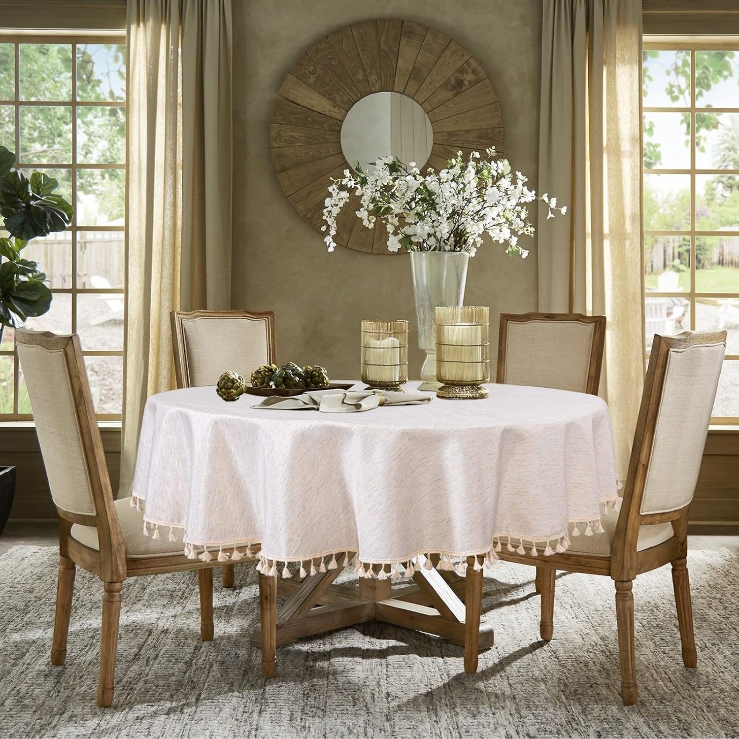 MYSKY HOME 60 in Round Cotton Tablecloth with Beige Tassels