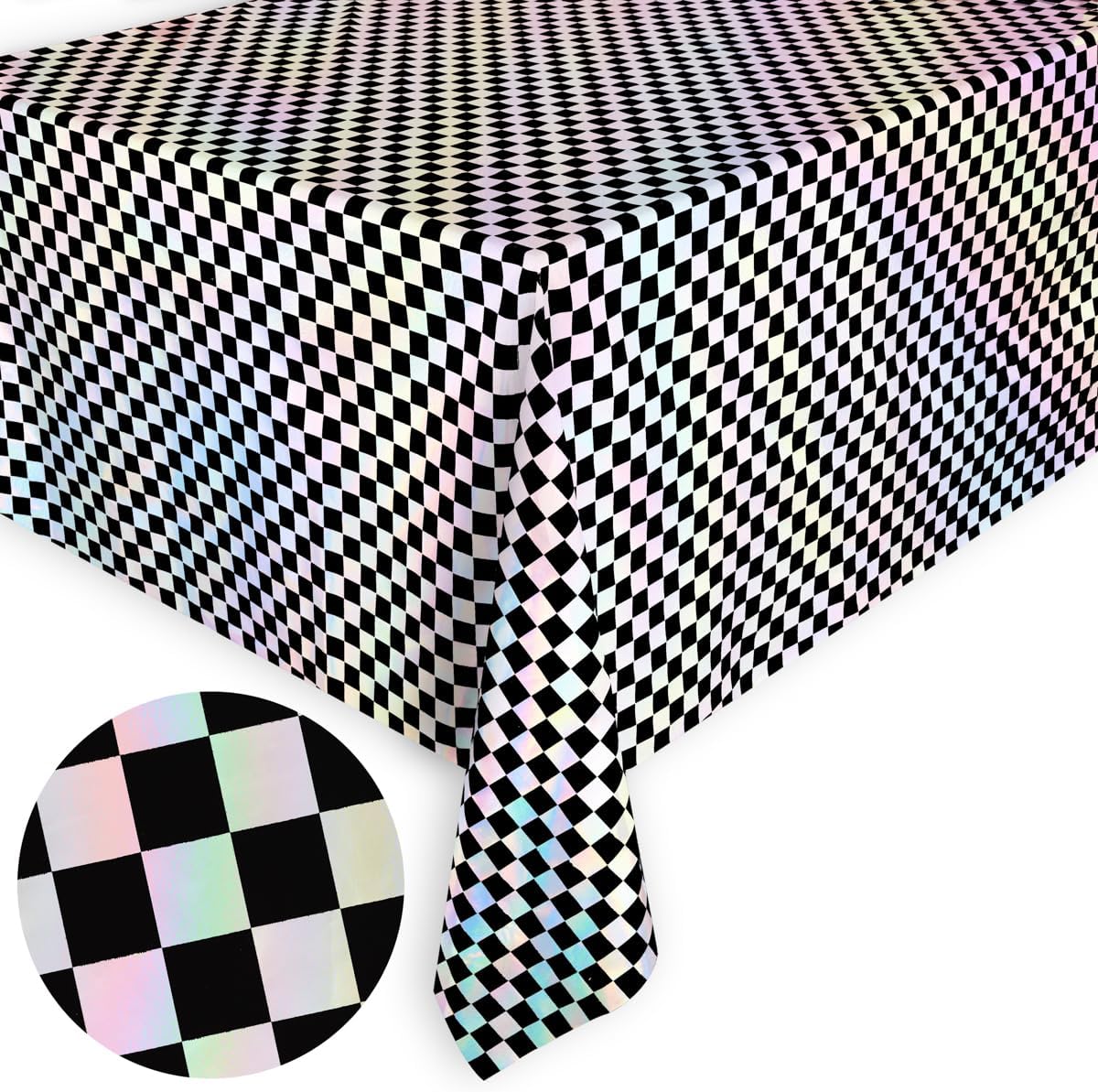 Xo Fetti Black Iridescent Checkered Tablecloth - 9ft x 4ft
