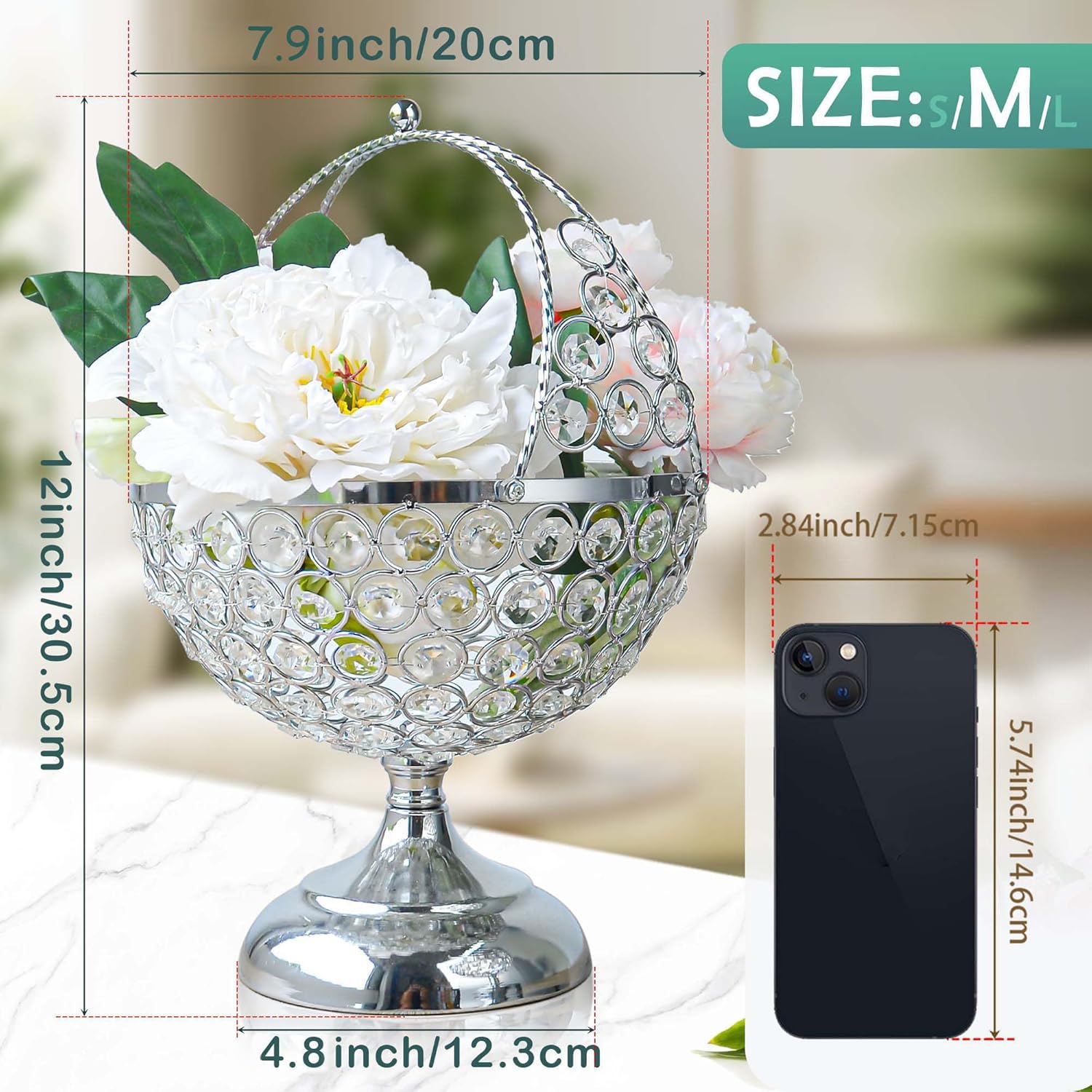 Crystal Candy Bowl Holder Decorative Fruit Bowl Stand Flower Basket Ornament Table Centerpiece Silver