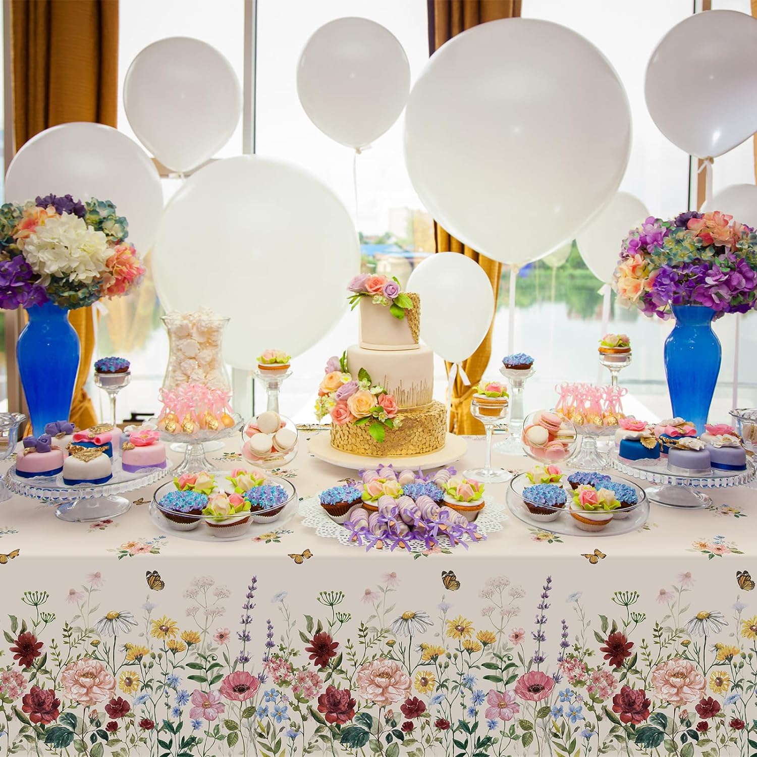 6 Pcs Spring Floral Tablecloth Butterfly Wildflower Plastic Disposable Tablecloths for Easter Birthday Wedding Parties