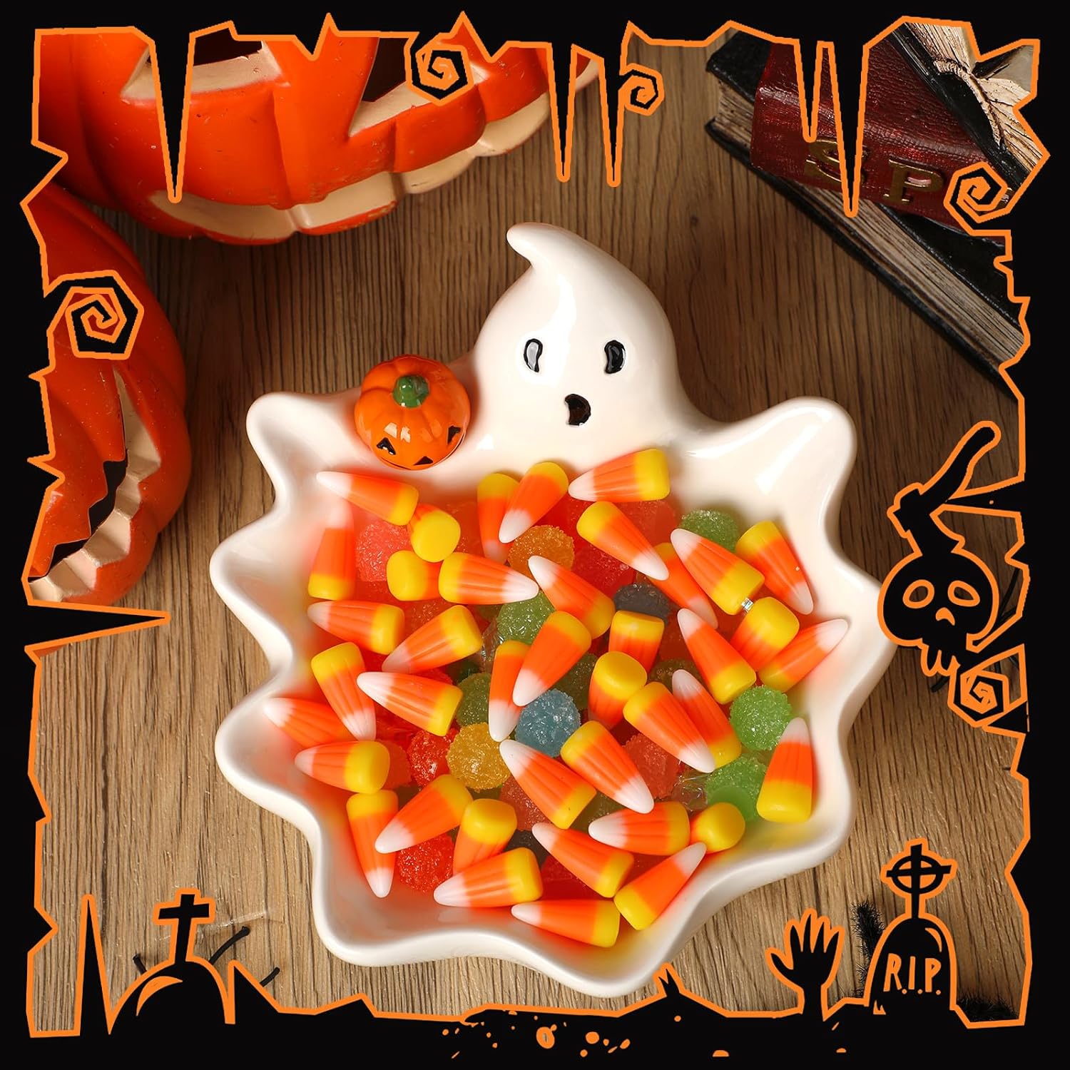Vesici 7 Inch Halloween Candy Dish Holder Ceramic Ghost Bowl