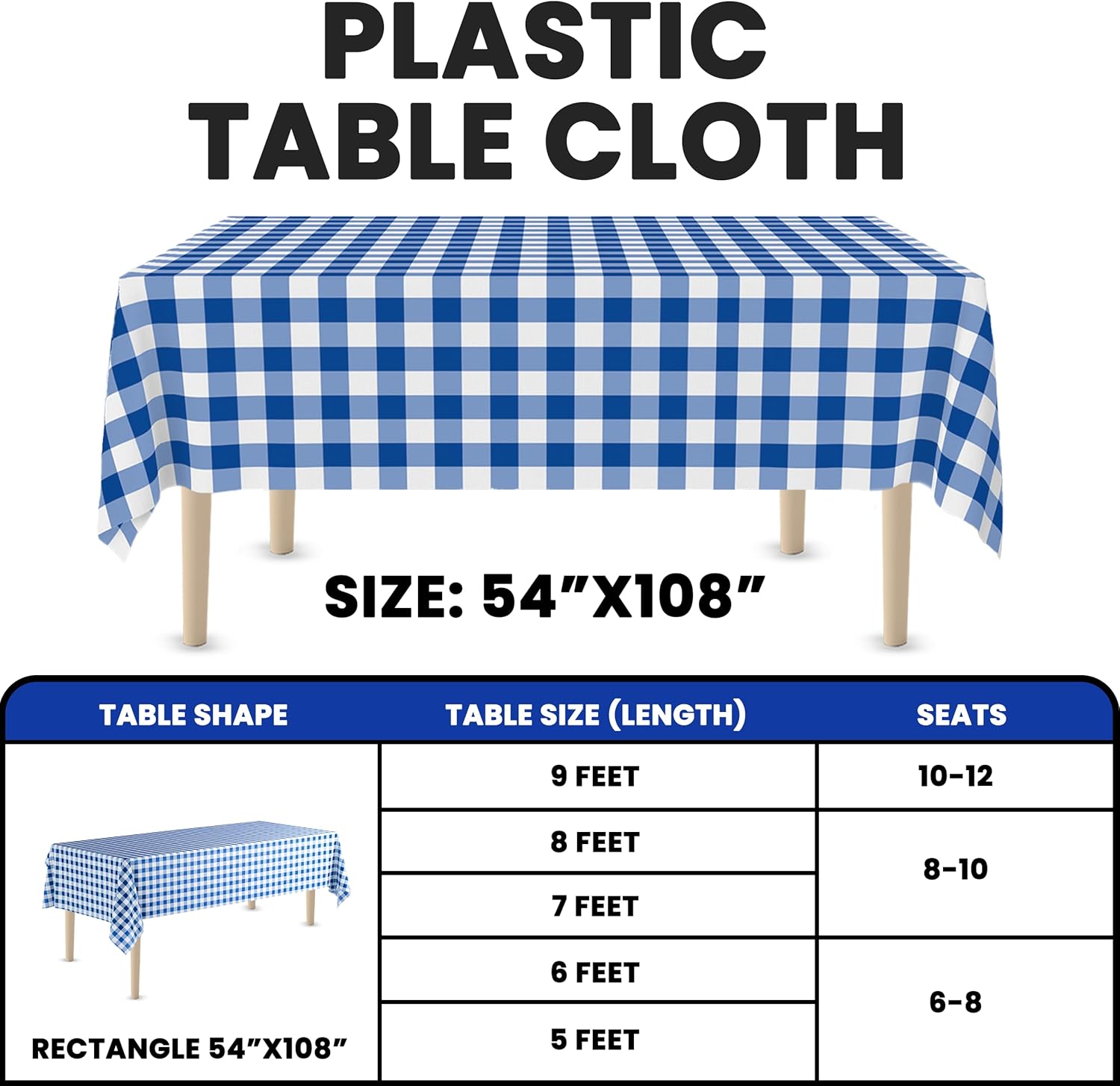 Blue Gingham Rectangle Table Cover 54x108 Inch 20 Pack