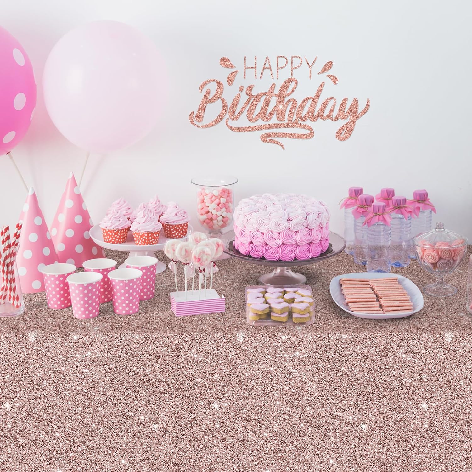3 Pack Pink Rose Gold Birthday Tablecloths 54x108 Inch