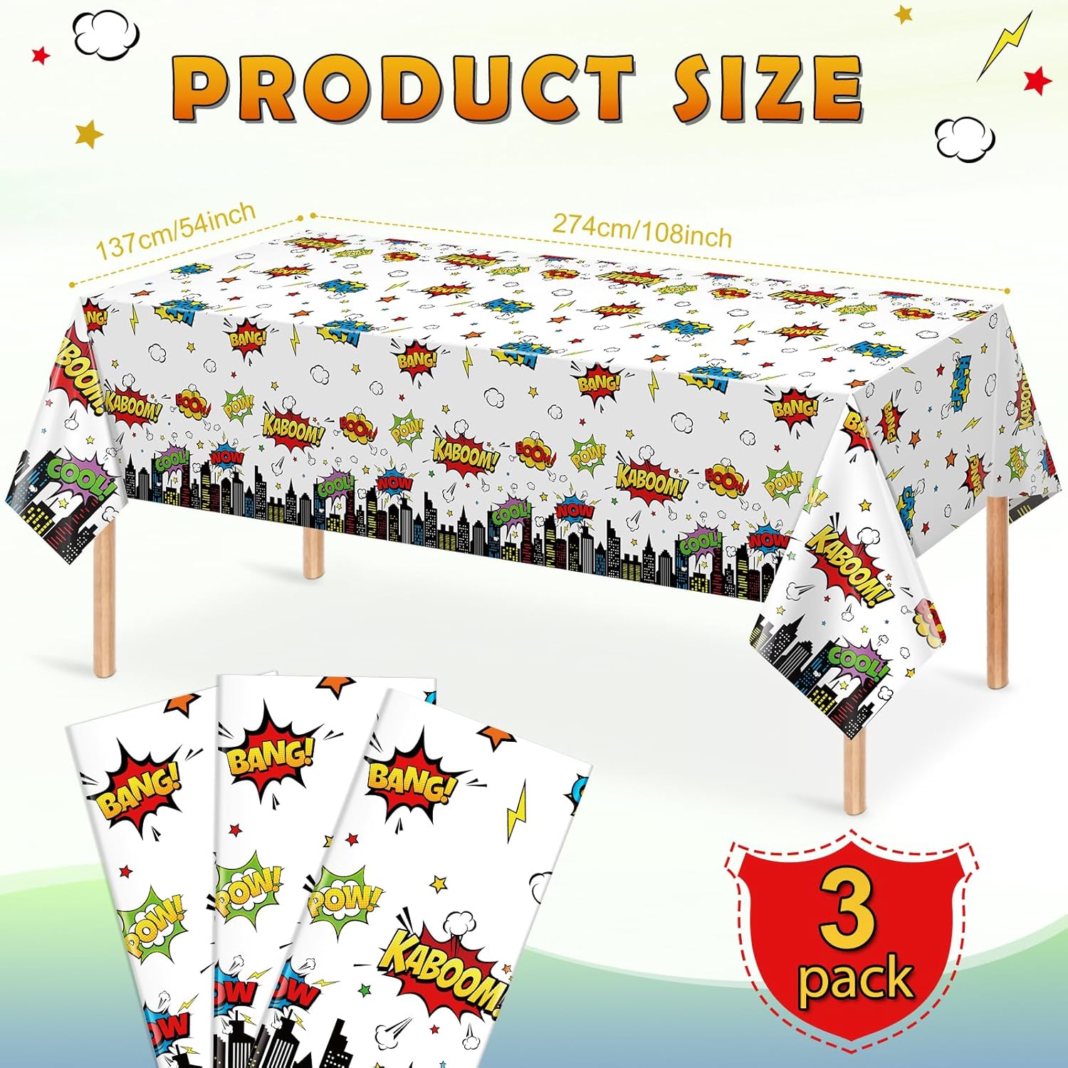 3Pcs Hero Themed Birthday Tablecloths 54x108 Inch Disposable Plastic Table Covers for Kids Party Decorations