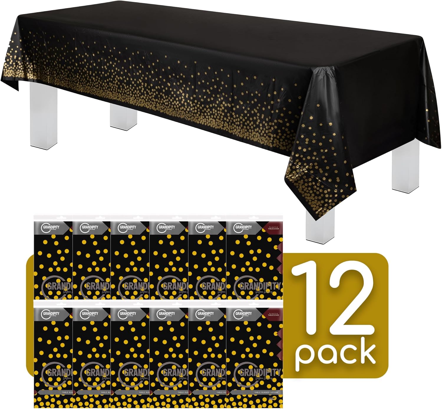 Grandipity Gold Dot on Black 12 Pack Tablecloth 54x108