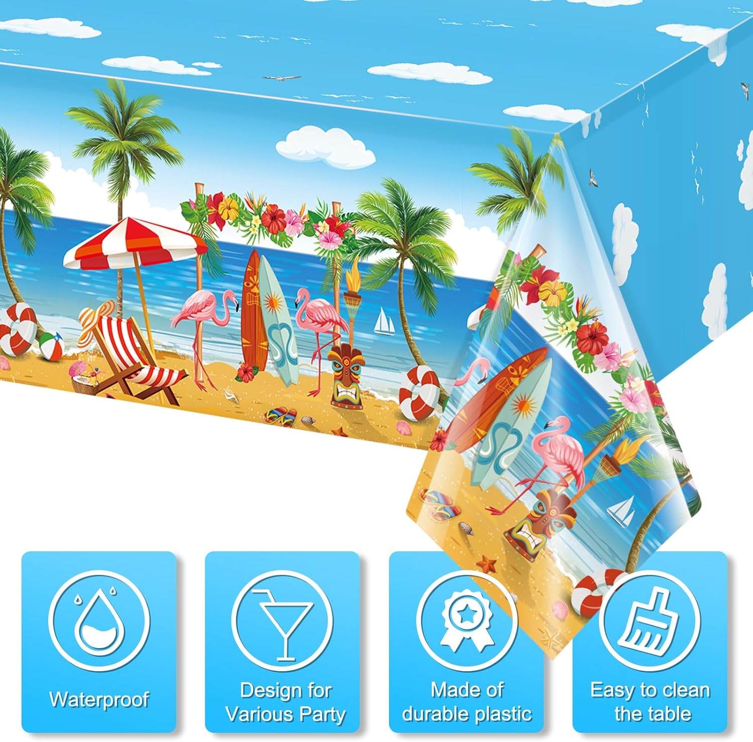 3 Pack Summer Beach Plastic Tablecloths with Hawaiian Design