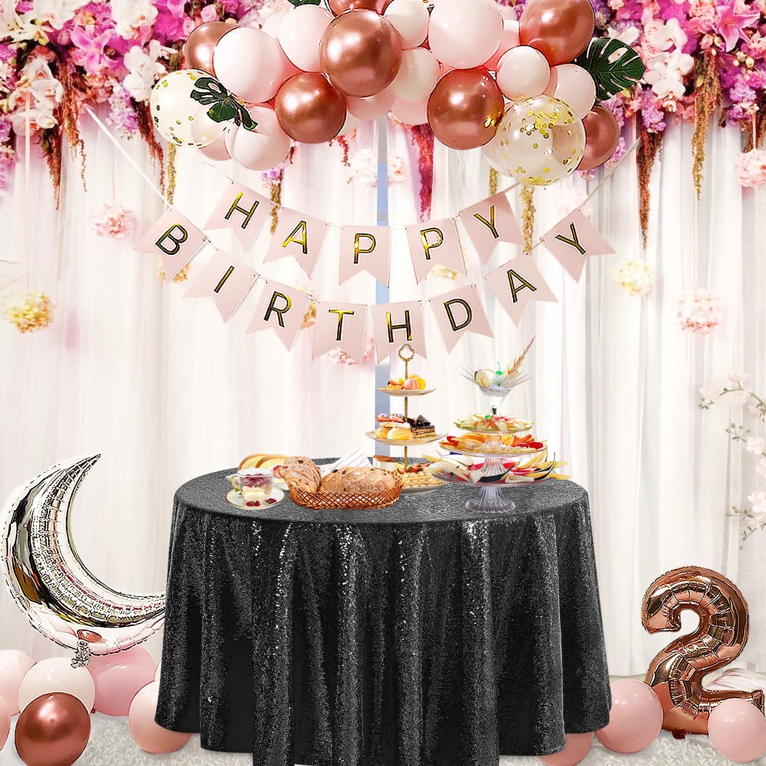 Pufogu 50 Inch Round Black Sequin Tablecloth