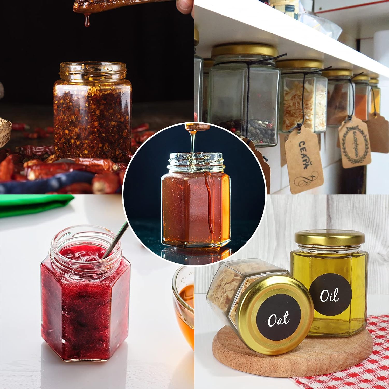 Betrome 30 Pack 6oz Hexagon Glass Jars with Gold Lids