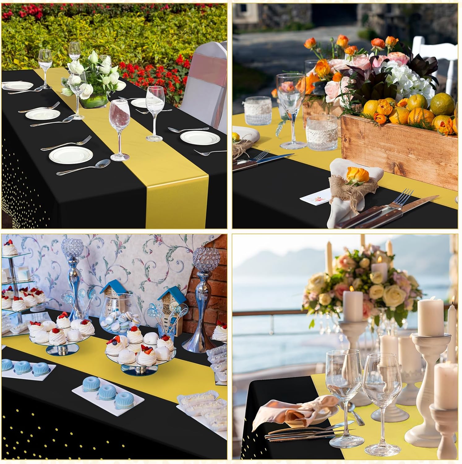 12 Pack Black and Gold Tablecloth and Runner Party Set