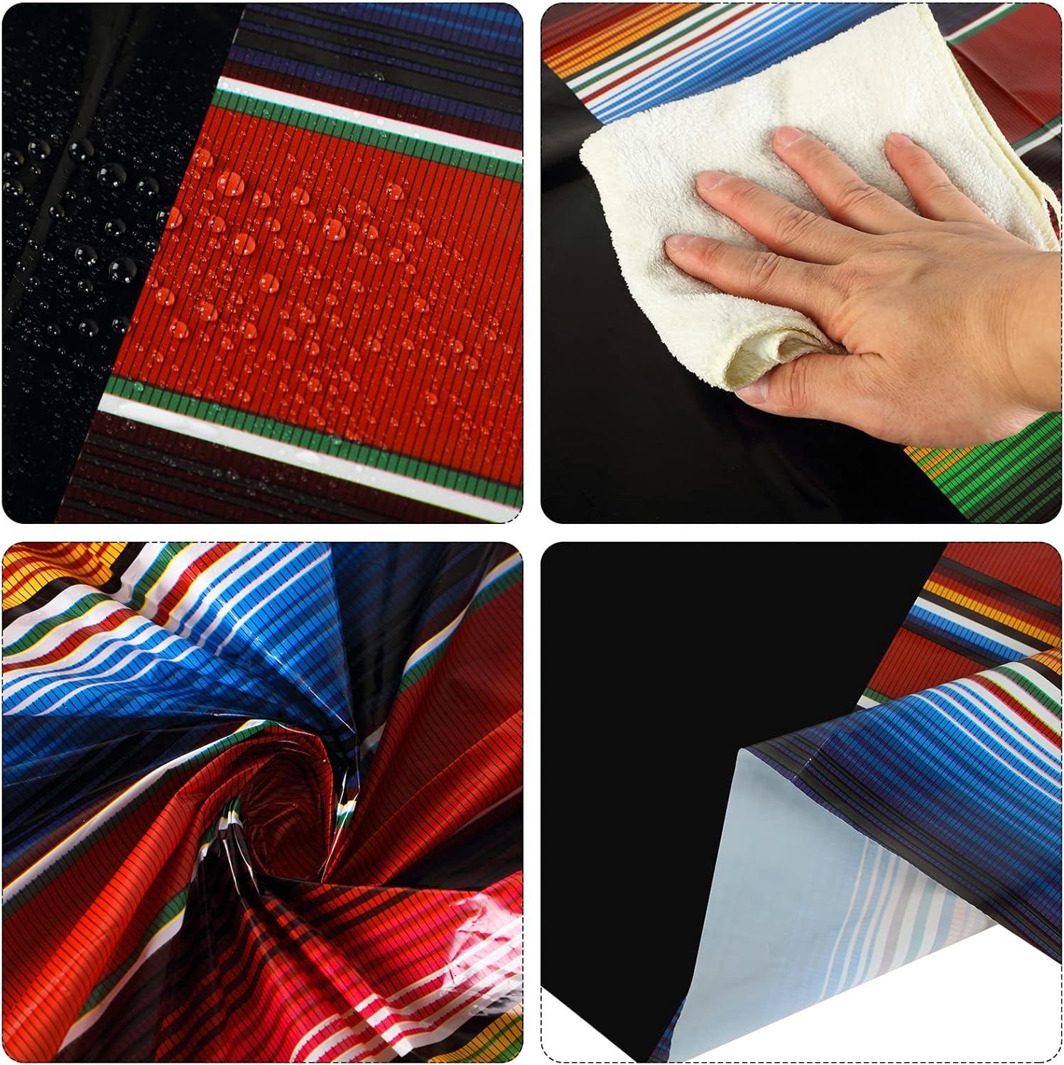 Oudain 6 Pcs Mexican Fiesta Tablecloth 84 Inch Striped Plastic Round Tablecover for Wedding and Party Decorations Black