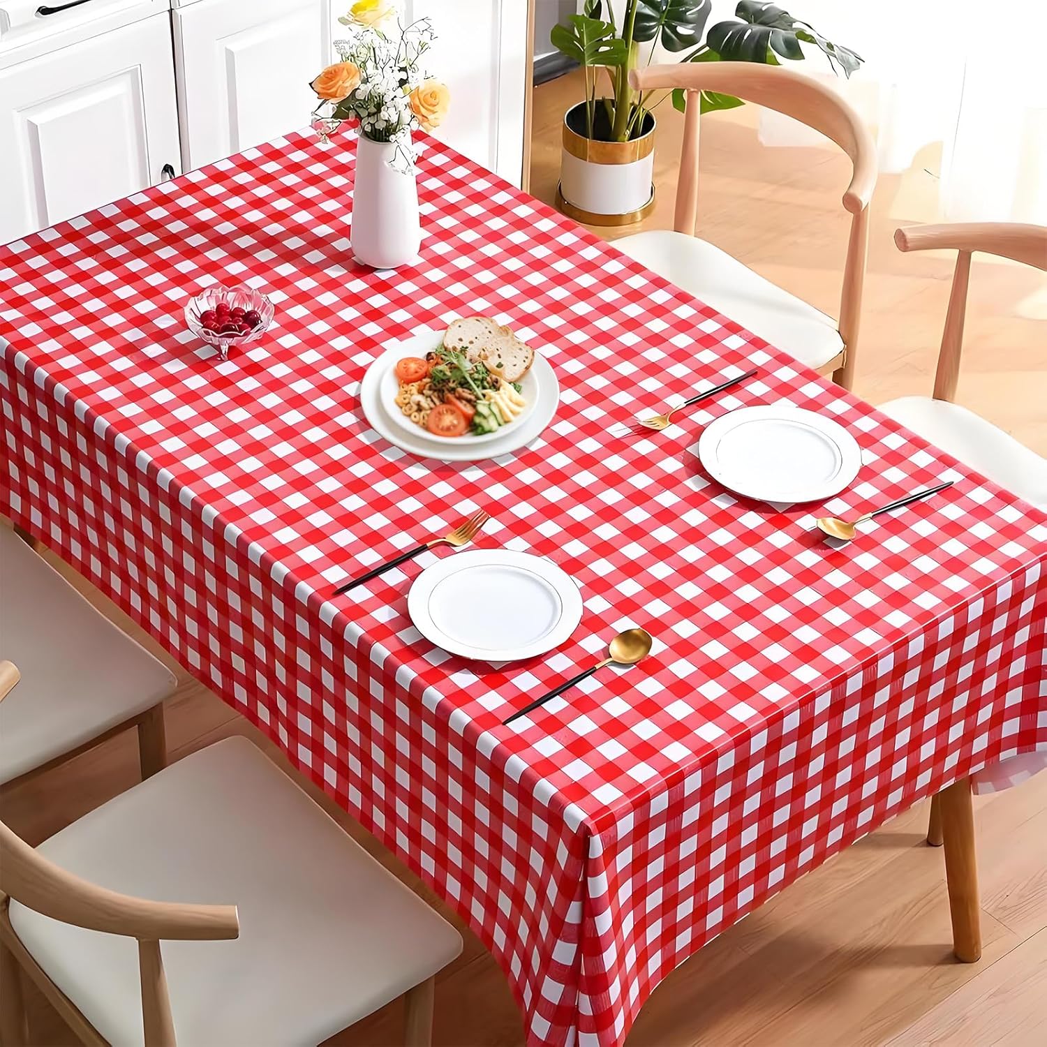 4 Pack Red Gingham Tablecloth 54x108 Inches Checkered Disposable Plastic Tablecovers for Parties Events