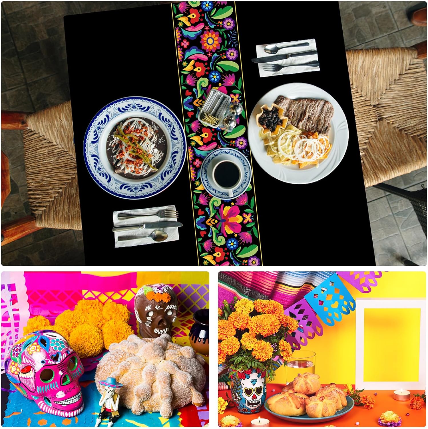 Oudain 6 Pcs Fiesta Tablecloth Black 108x54 Inch Waterproof Plastic Table Cover for Parties