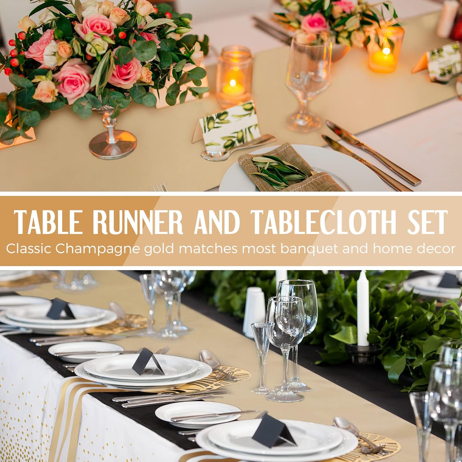 Breling 8 Pack White Gold Tablecloths and Satin Runner Set