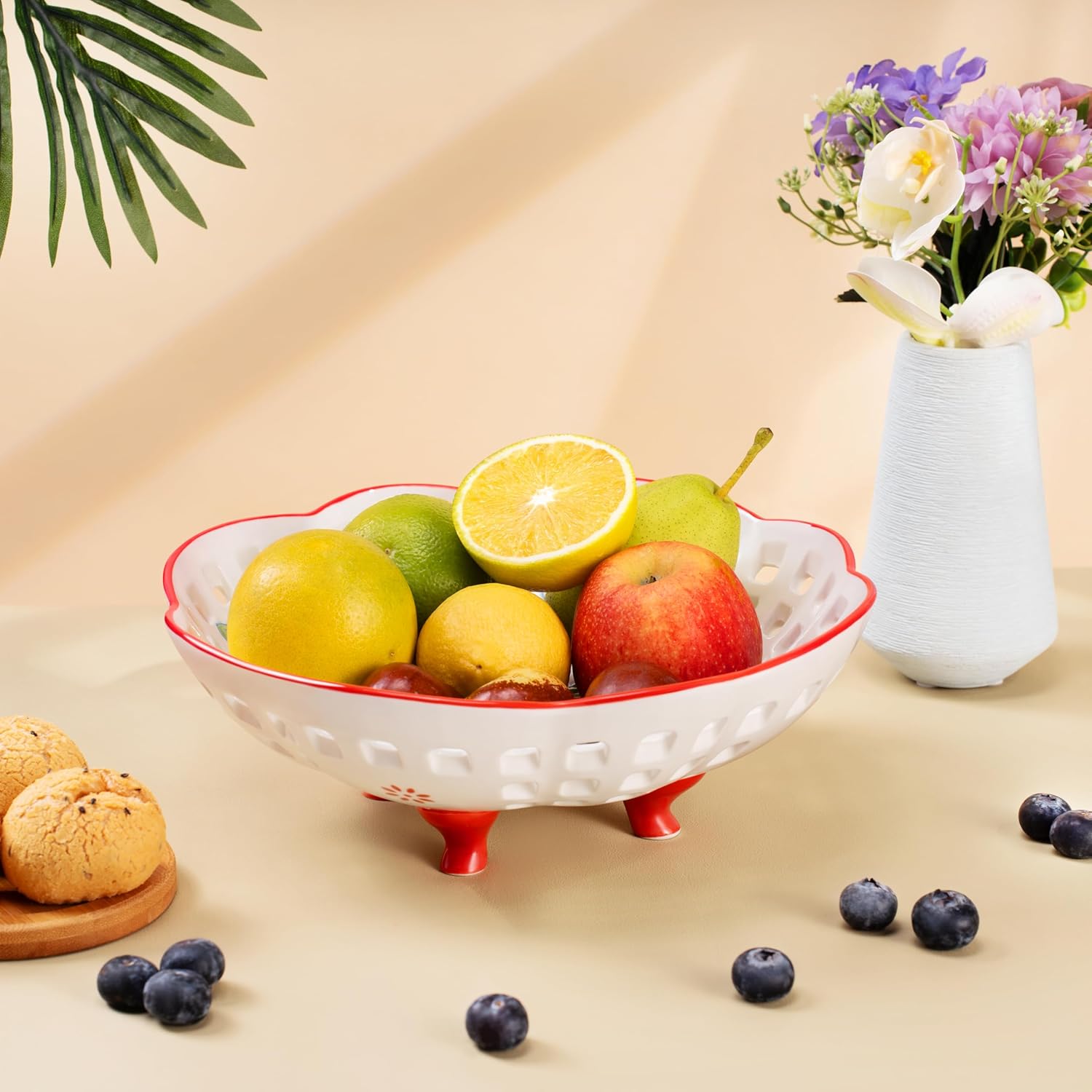 Ceramic Fruit Bowl with 4 Legs 10 Inch Large Bowl for Home Decor