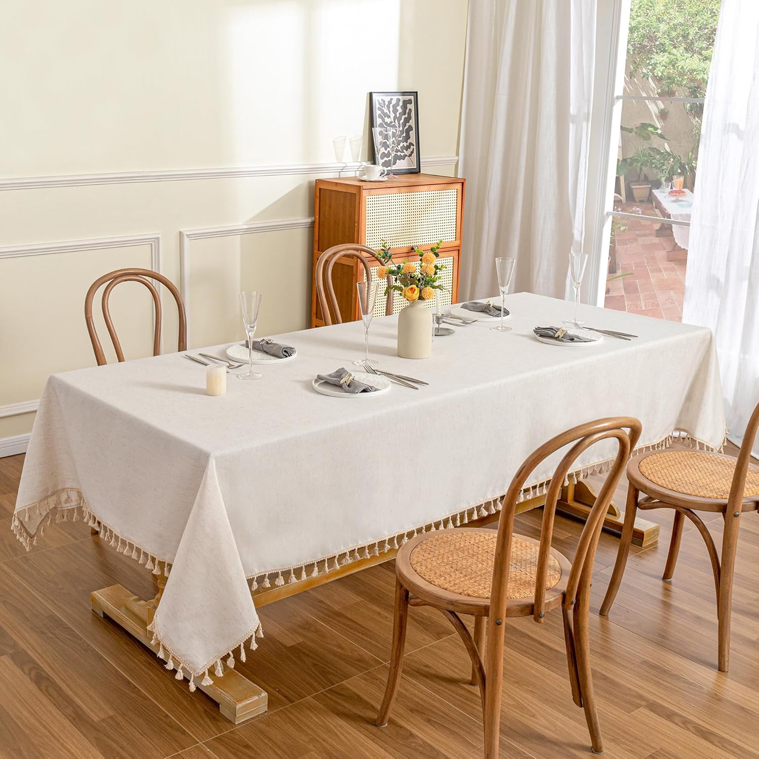 MYSKY HOME 60x84 Inch Waterproof Table Cloth with Beige Tassels