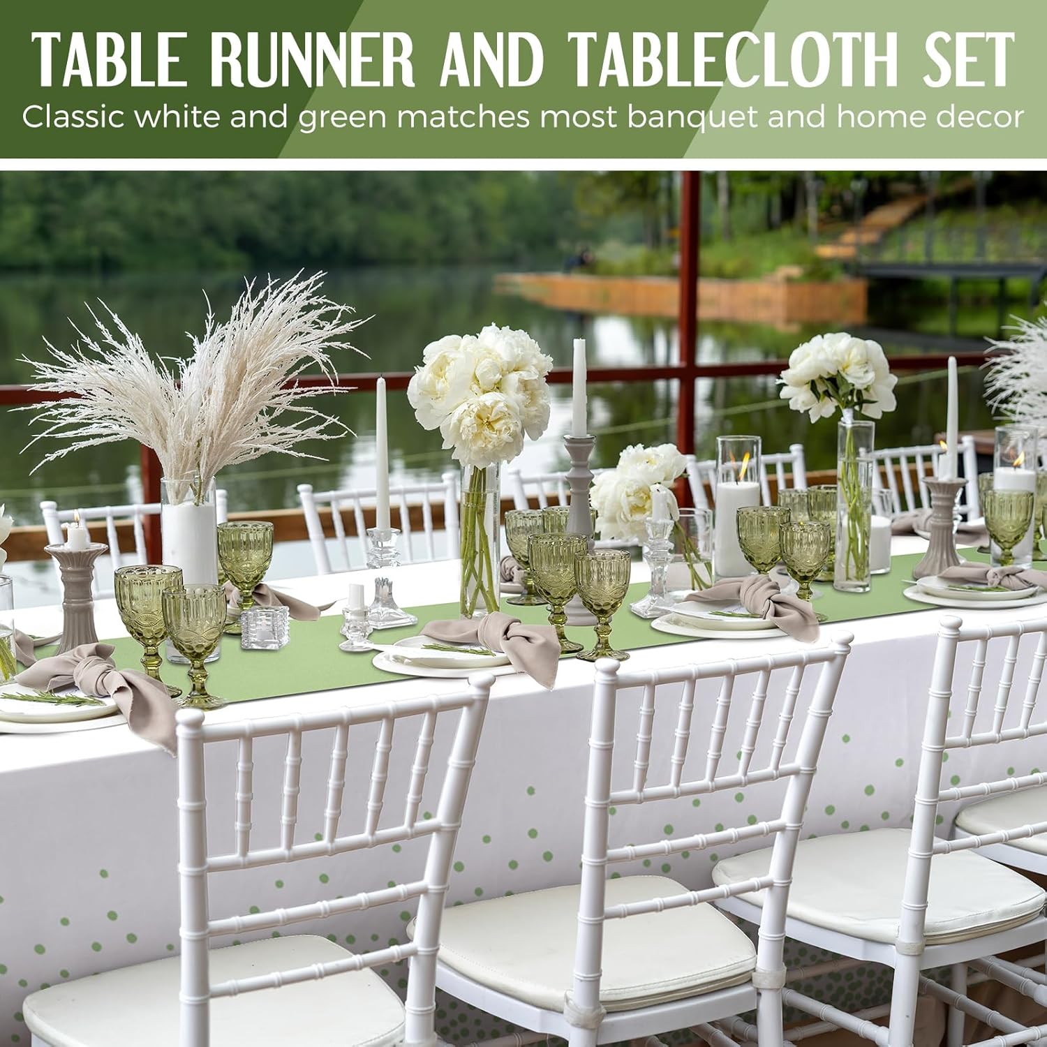 Breling 8 Pack White Sage Green Tablecloths and Table Runner Set