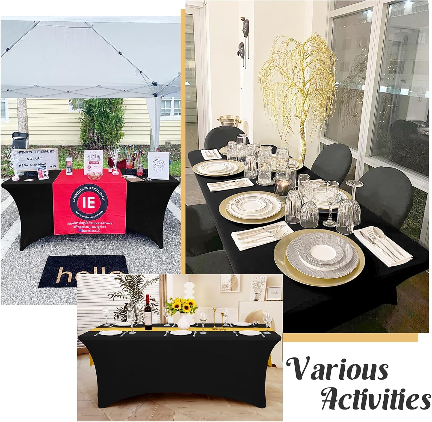 3 Pack Black Tablecloths 6ft Rectangle Spandex Stretch Fitted